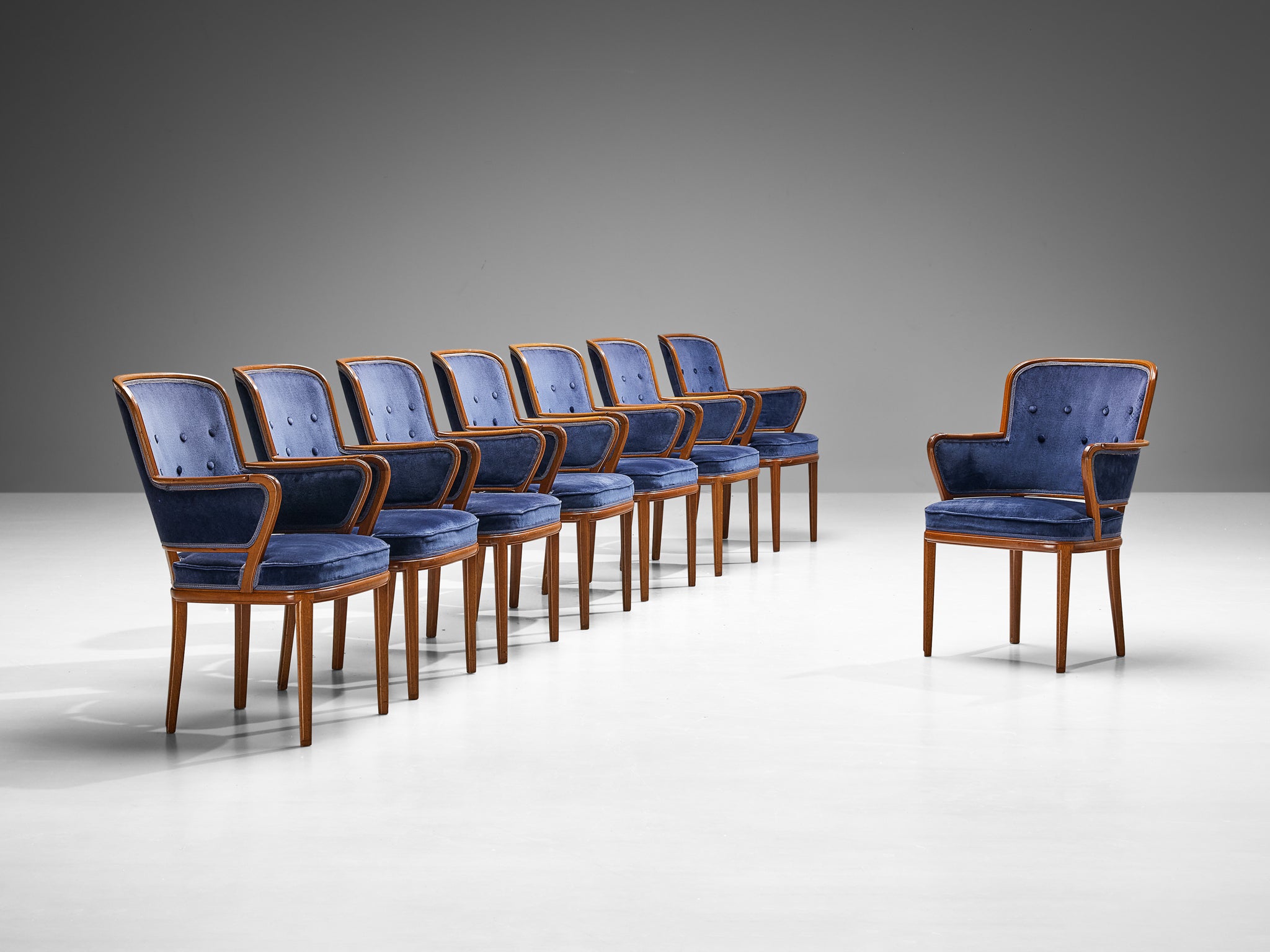 Carl Malmsten Set of Eight Armchairs in Mahogany and Blue Upholstery Seating Morentz