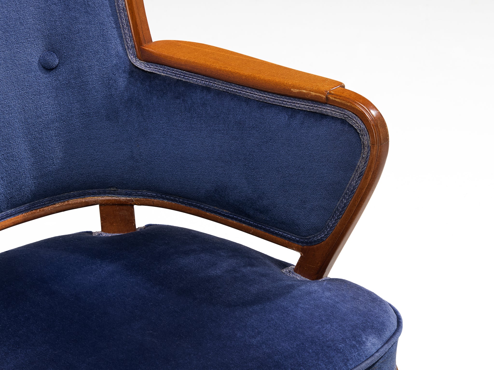 Carl Malmsten Set of Eight Armchairs in Mahogany and Blue Upholstery Seating Morentz
