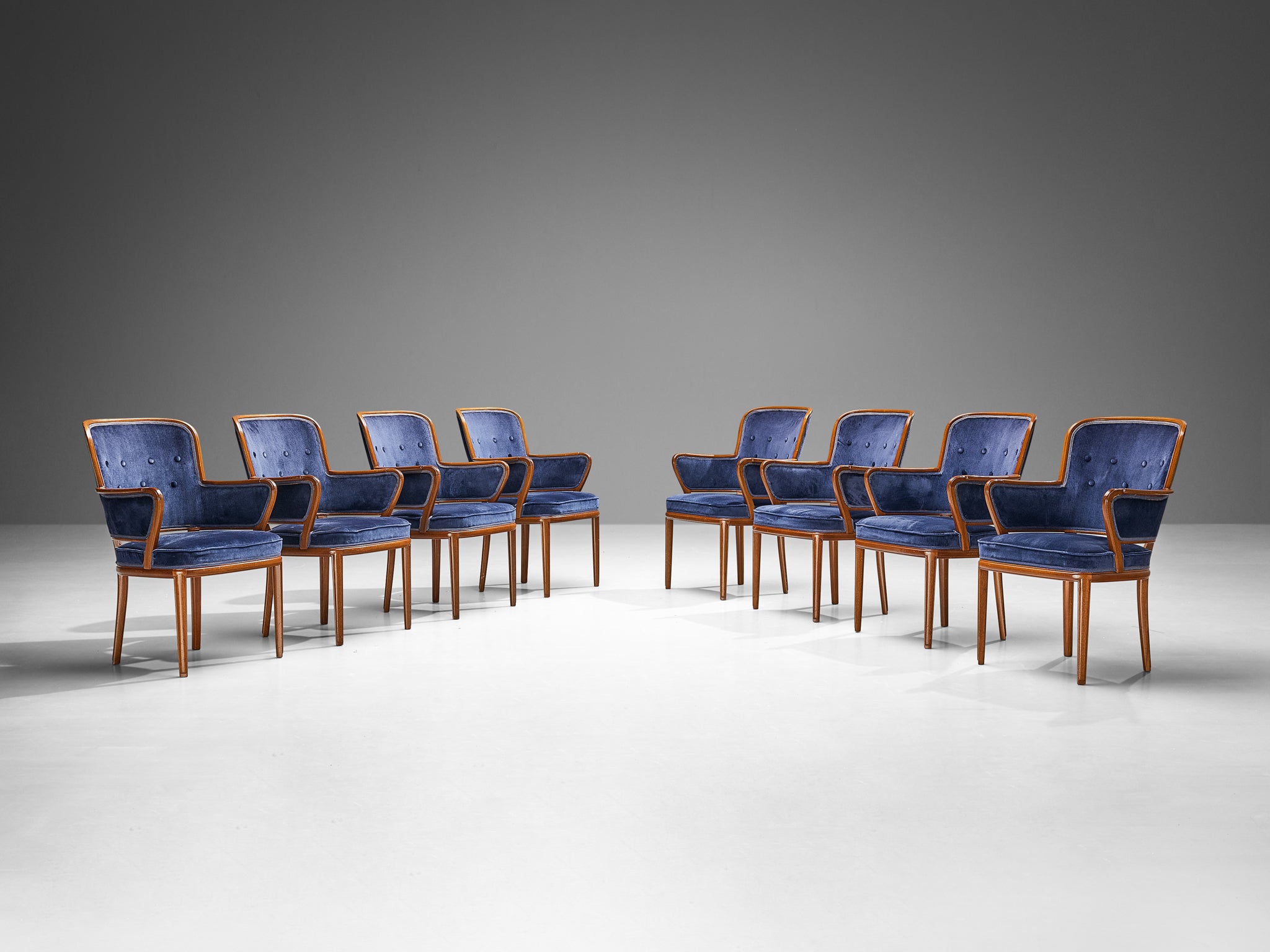 Carl Malmsten Set of Eight Armchairs in Mahogany and Blue Upholstery Seating Morentz