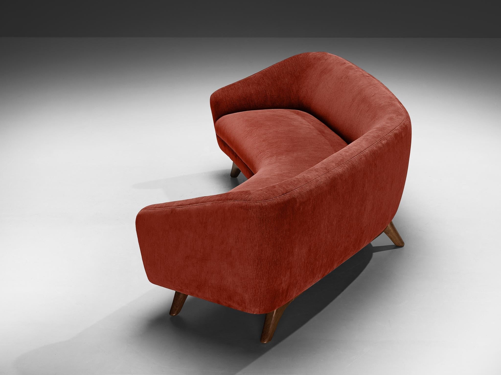 Vladimir Kagan 'Wide Angle' Sofa in Red Brown Upholstery and Walnut
