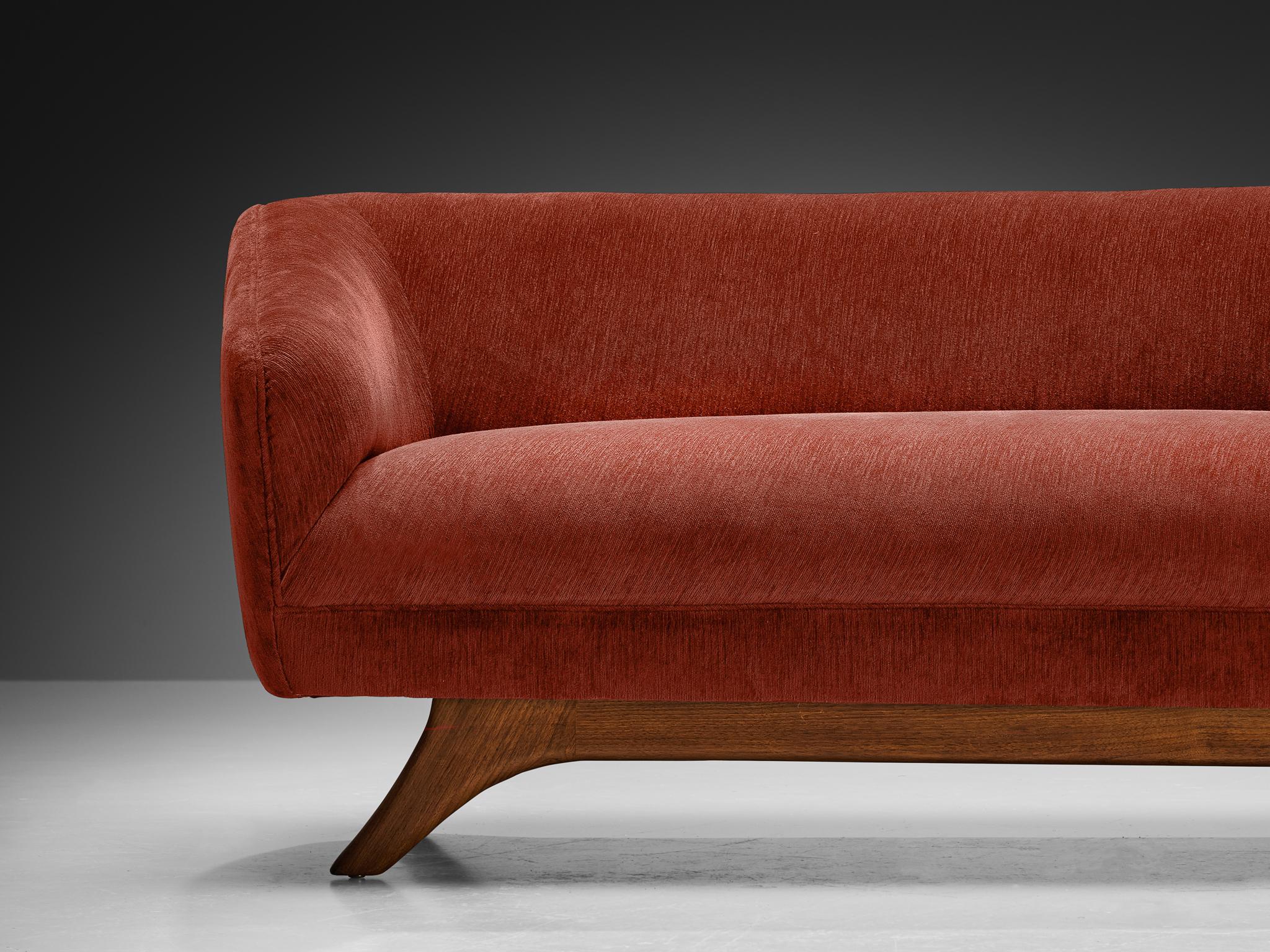 Vladimir Kagan 'Wide Angle' Sofa in Red Brown Upholstery and Walnut
