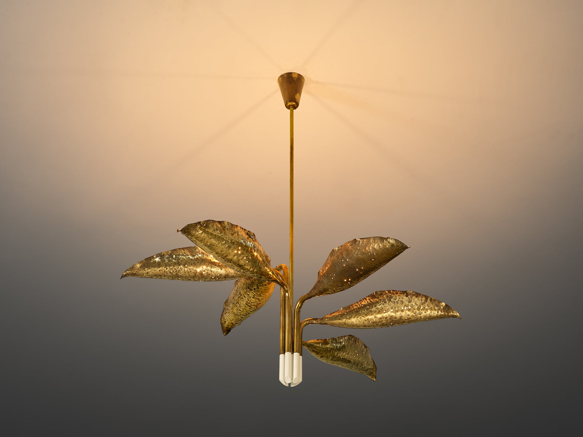 Angelo Lelii for Arredoluce Chandelier in Hammered Brass Lighting Morentz