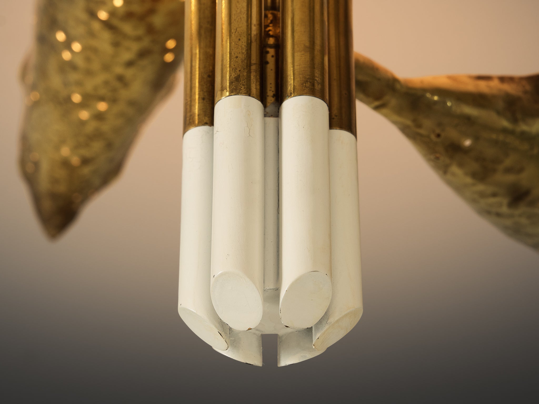 Angelo Lelii for Arredoluce Chandelier in Hammered Brass Lighting Morentz