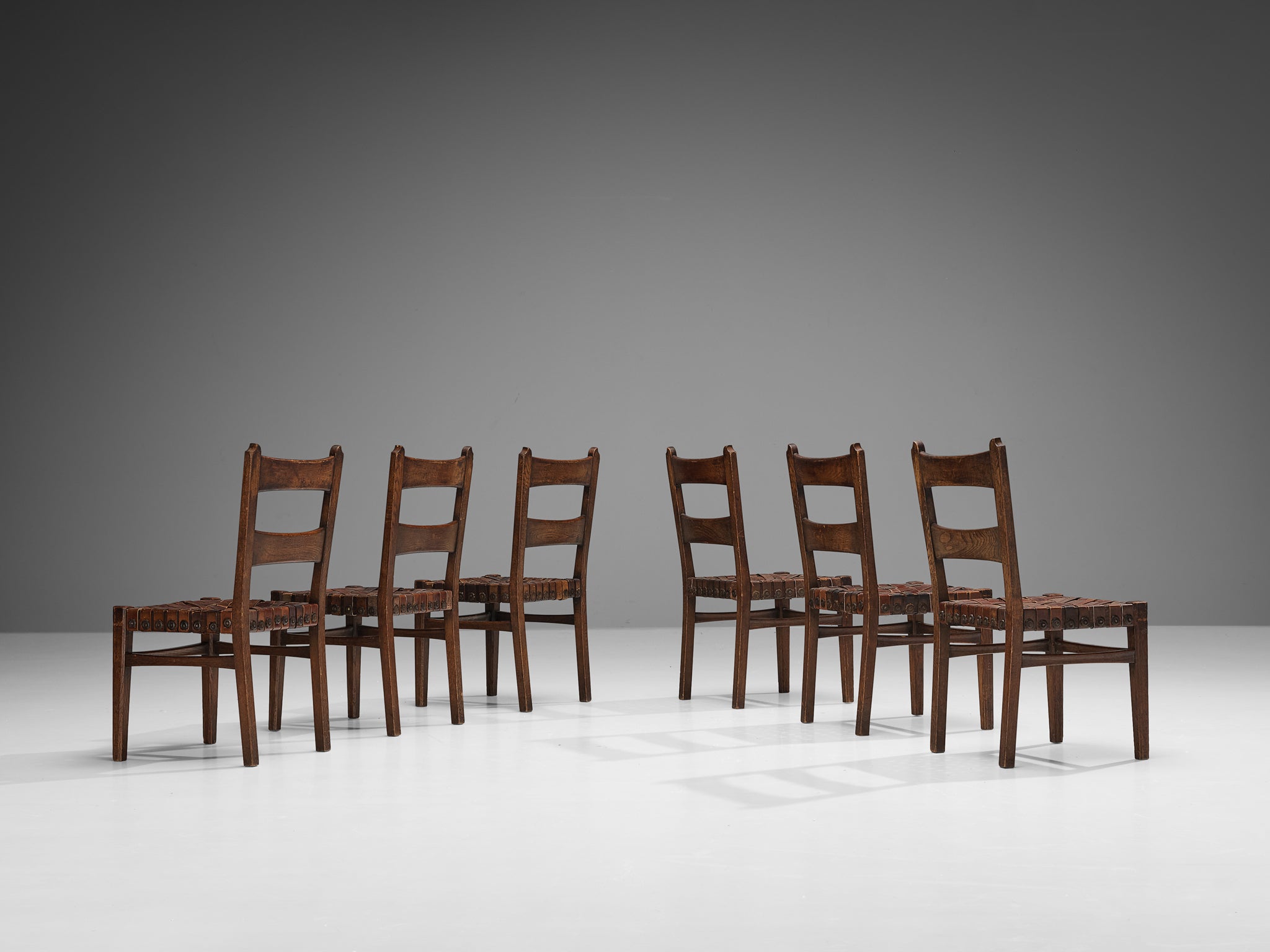 Ernesto Valabrega Set of Six Dining Chairs in Oak and Leather Seating Morentz