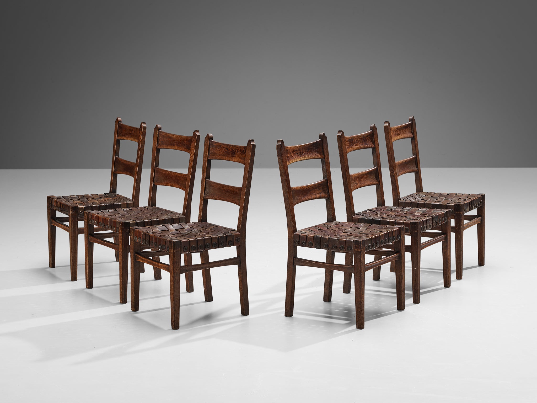 Ernesto Valabrega Set of Six Dining Chairs in Oak and Leather Seating Morentz