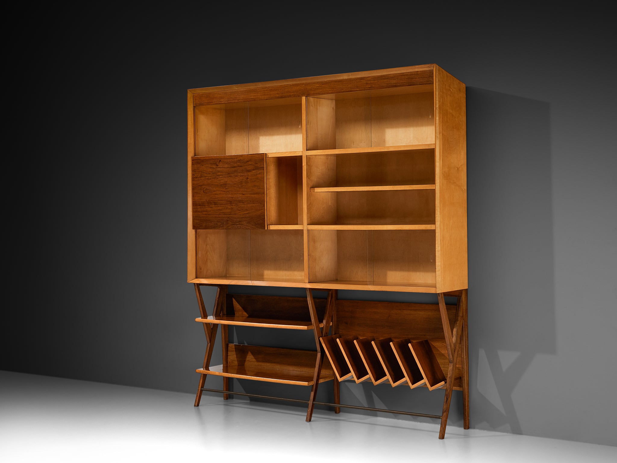 Mid-Century Modern Italian Wall Unit in Maple and Walnut Case pieces and storage cabinets Morentz