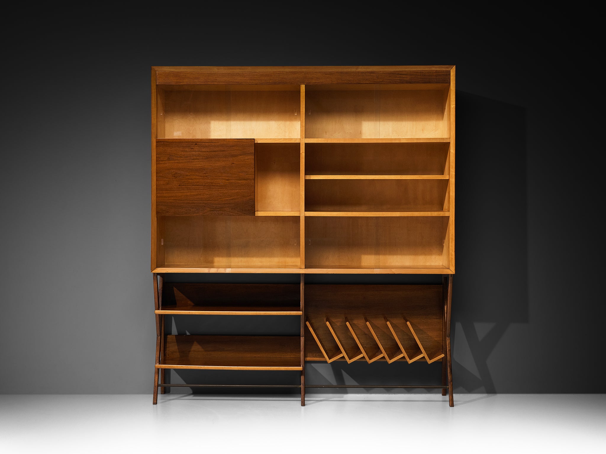 Mid-Century Modern Italian Wall Unit in Maple and Walnut Case pieces and storage cabinets Morentz