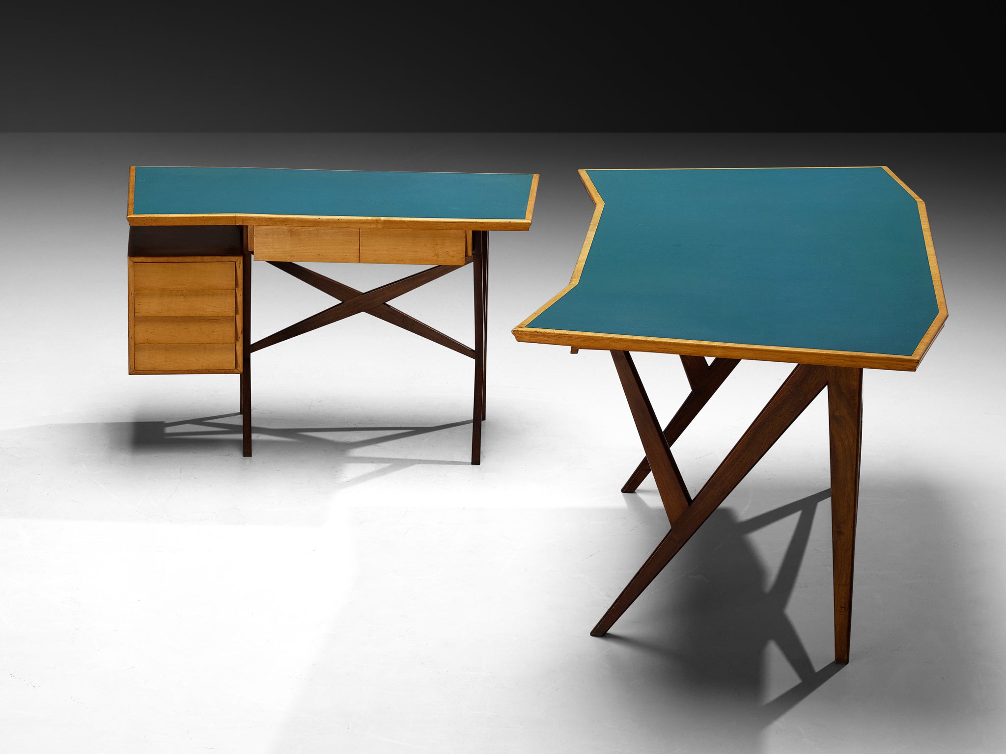 Mid-Century Modern Italian Desk with Return in Mahogany and Maple with Turquoise Top Tables Morentz