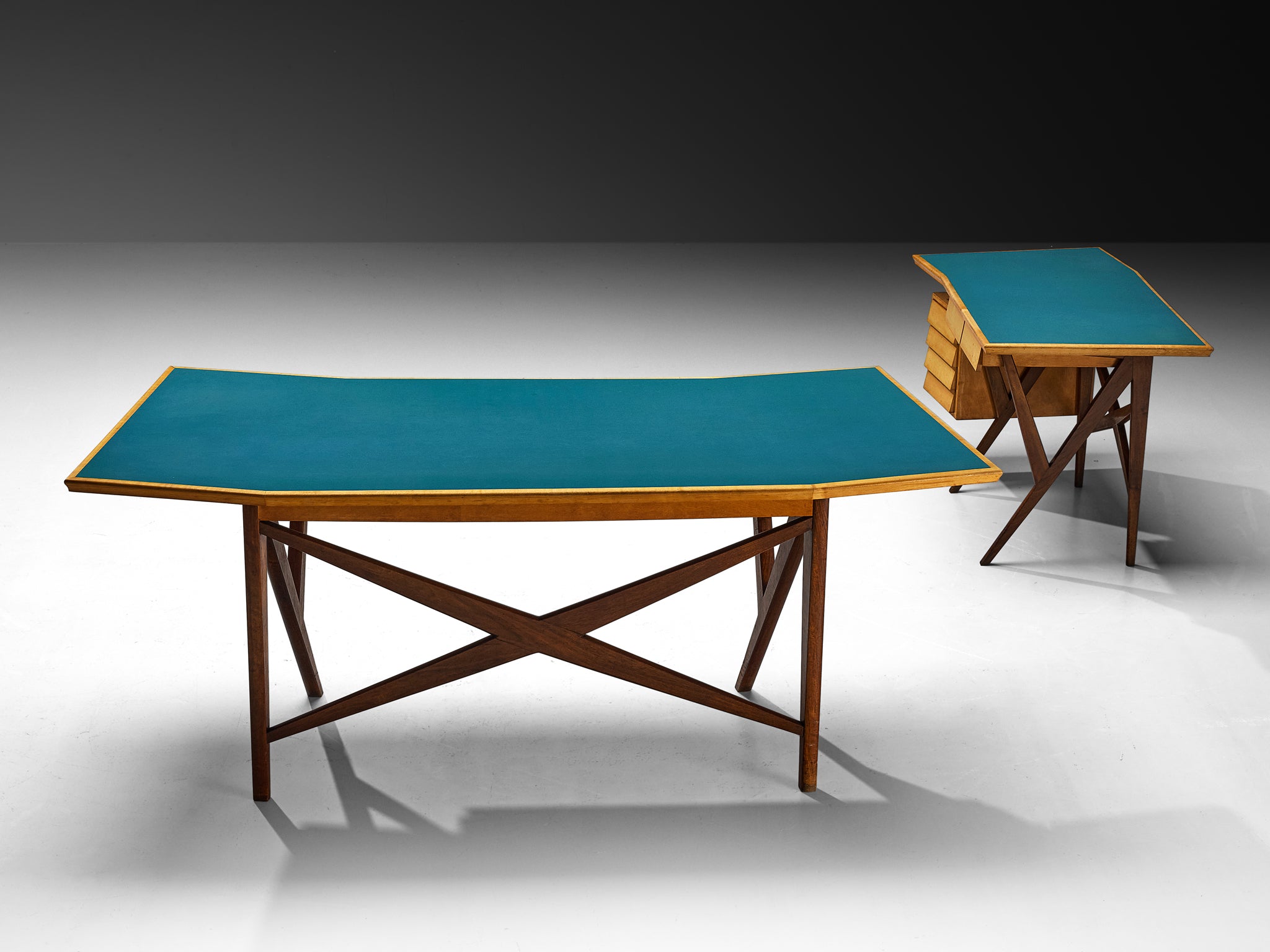 Mid-Century Modern Italian Desk with Return in Mahogany and Maple with Turquoise Top Tables Morentz