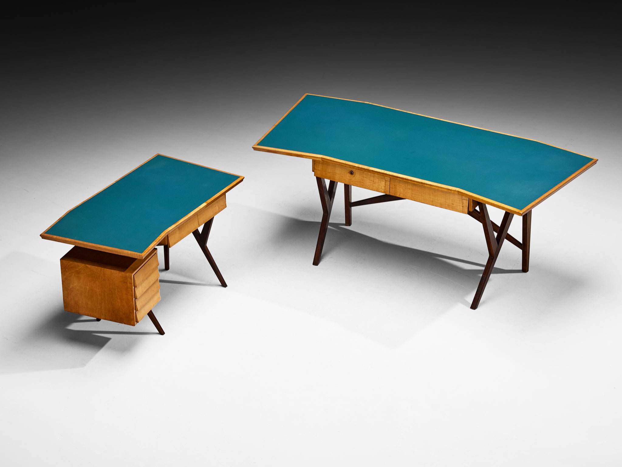 Mid-Century Modern Italian Desk with Return in Mahogany and Maple with Turquoise Top Tables Morentz