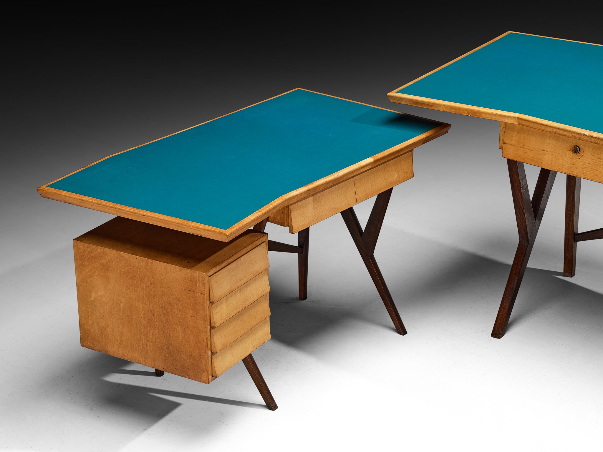 Mid-Century Modern Italian Desk with Return in Mahogany and Maple with Turquoise Top Tables Morentz