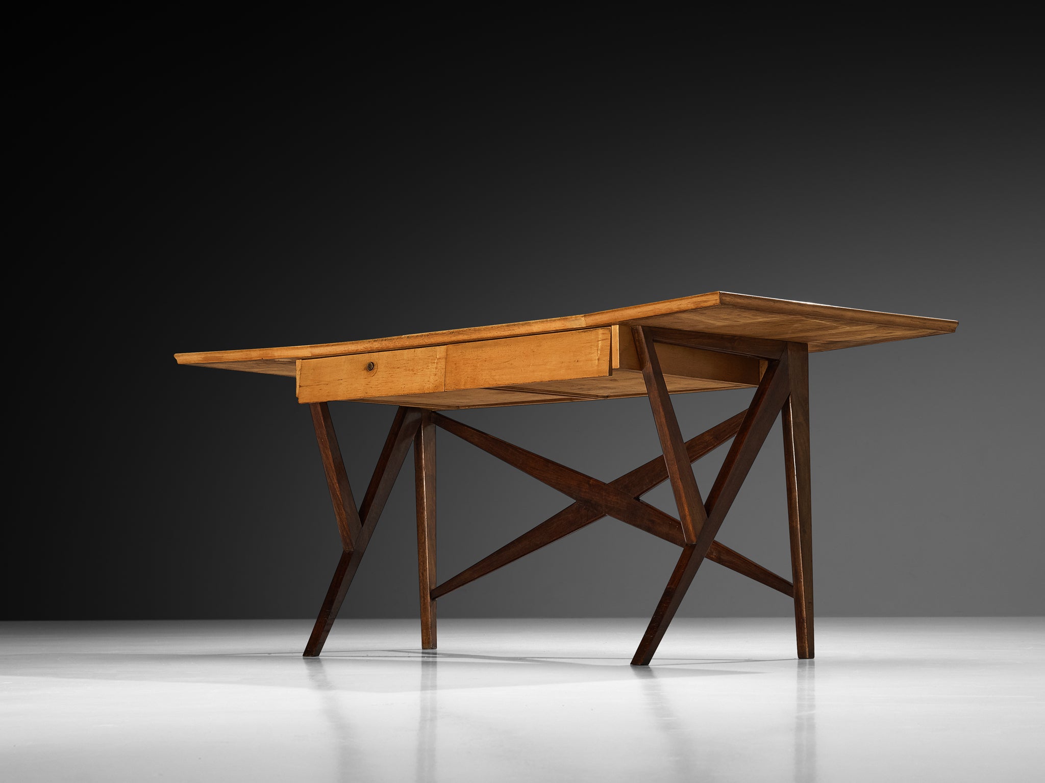 Mid-Century Modern Italian Desk with Return in Mahogany and Maple with Turquoise Top Tables Morentz