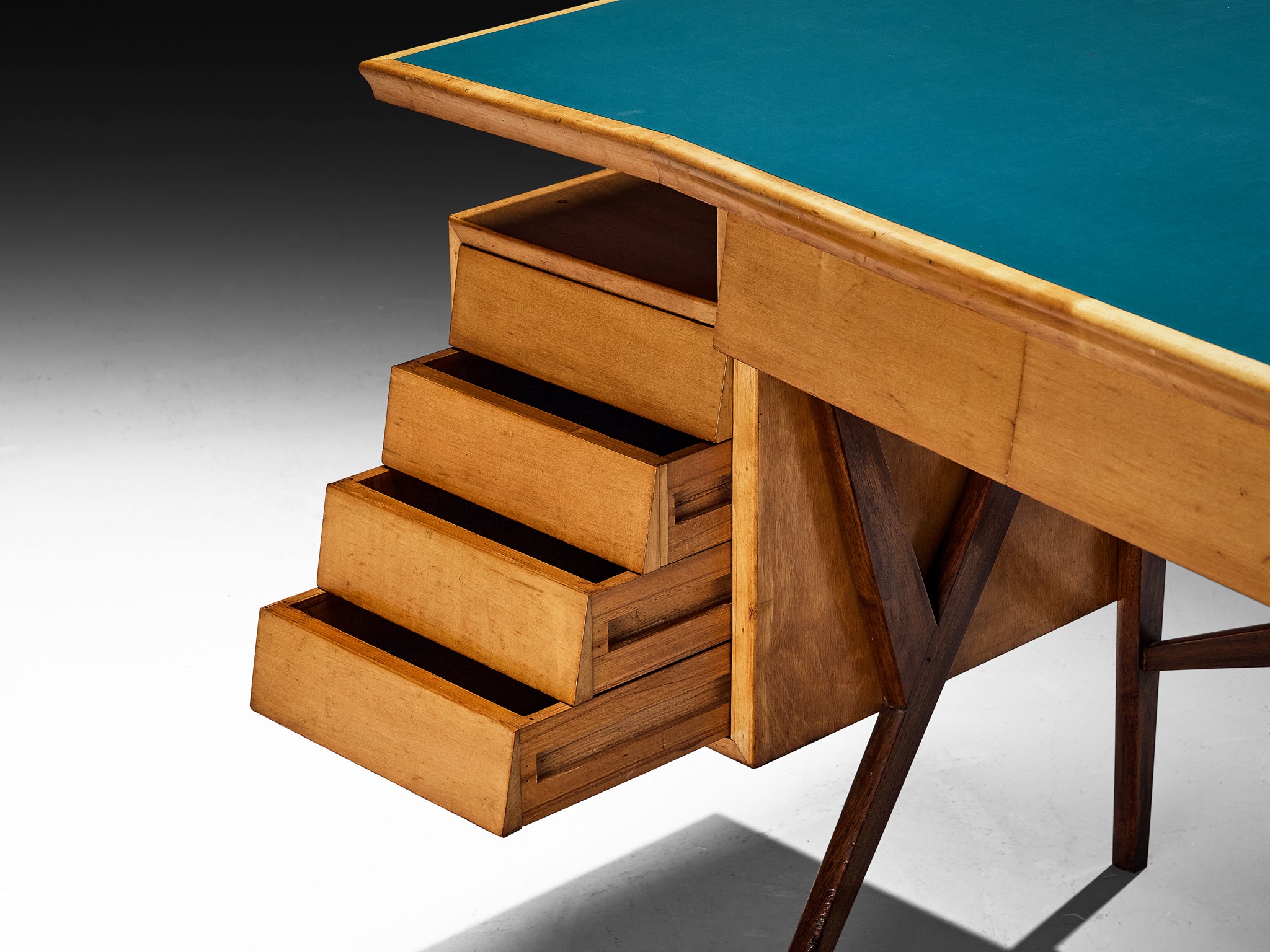 Mid-Century Modern Italian Desk with Return in Mahogany and Maple with Turquoise Top Tables Morentz