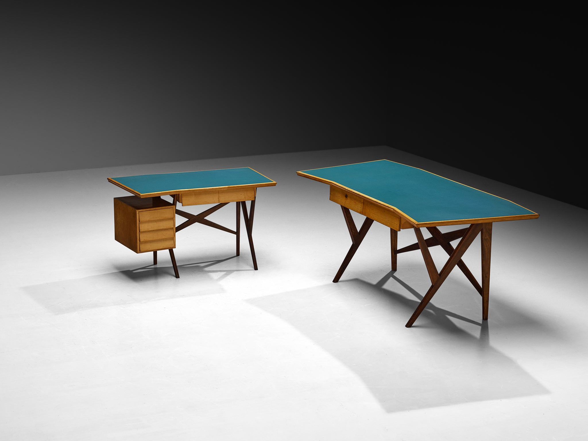 Mid-Century Modern Italian Desk with Return in Mahogany and Maple with Turquoise Top Tables Morentz