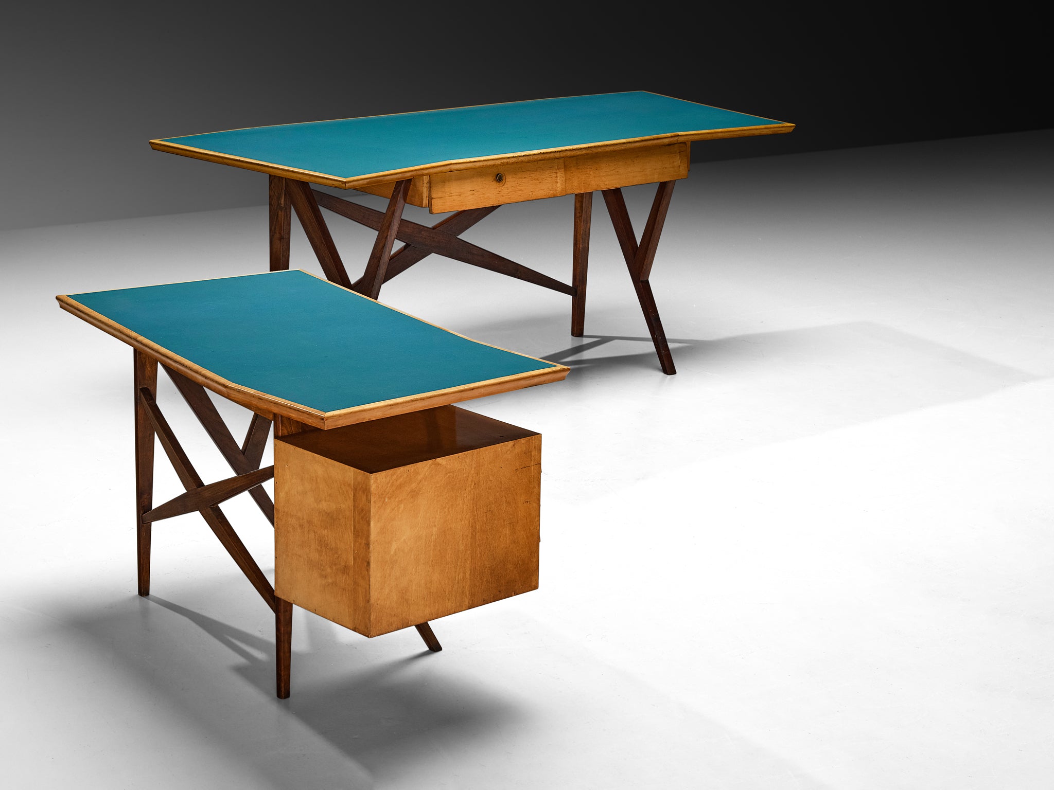 Mid-Century Modern Italian Desk with Return in Mahogany and Maple with Turquoise Top Tables Morentz