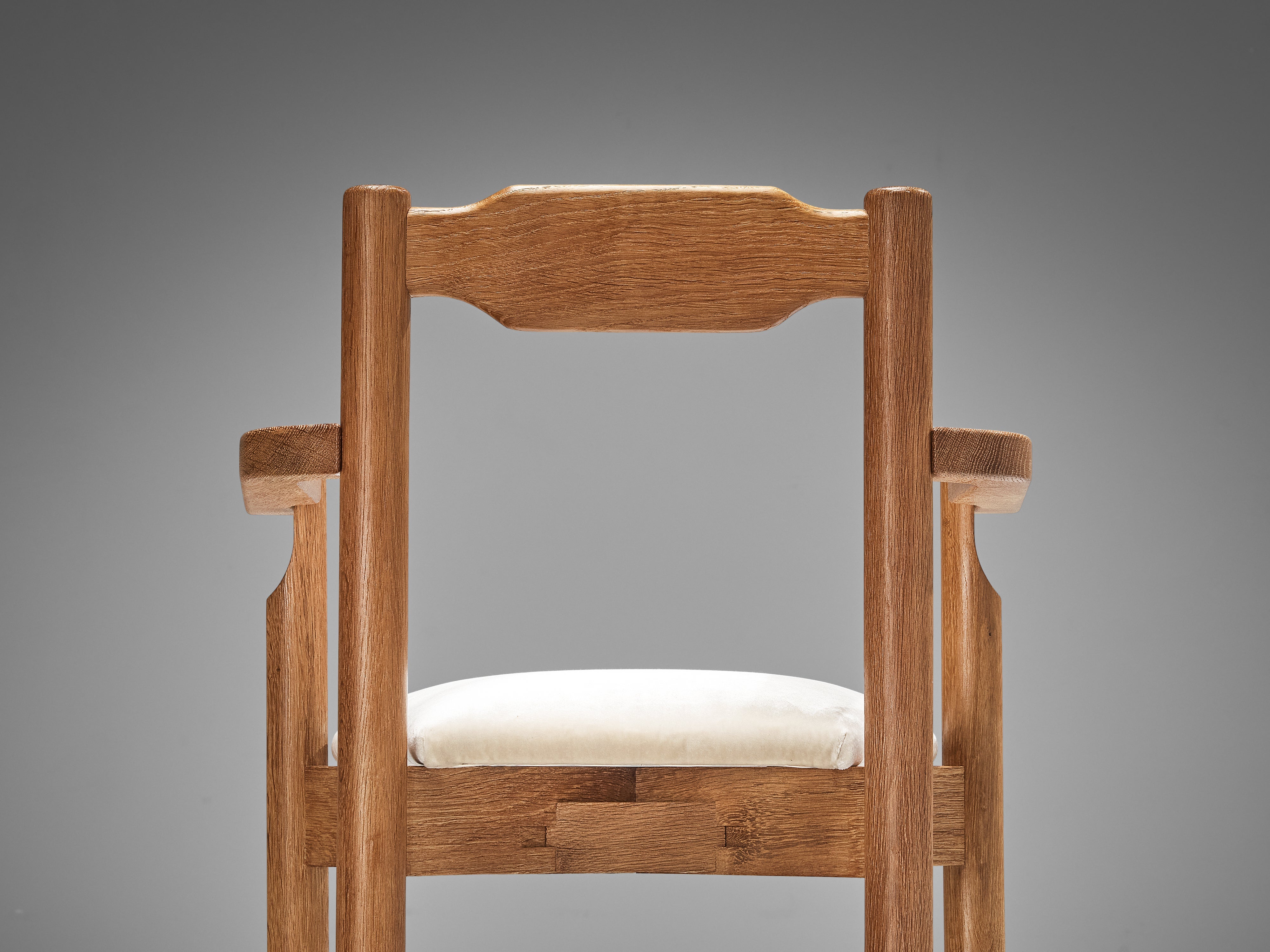 Rare Guillerme & Chambron Set of Eight Dining Chairs in Solid Oak and Mohair seating Morentz