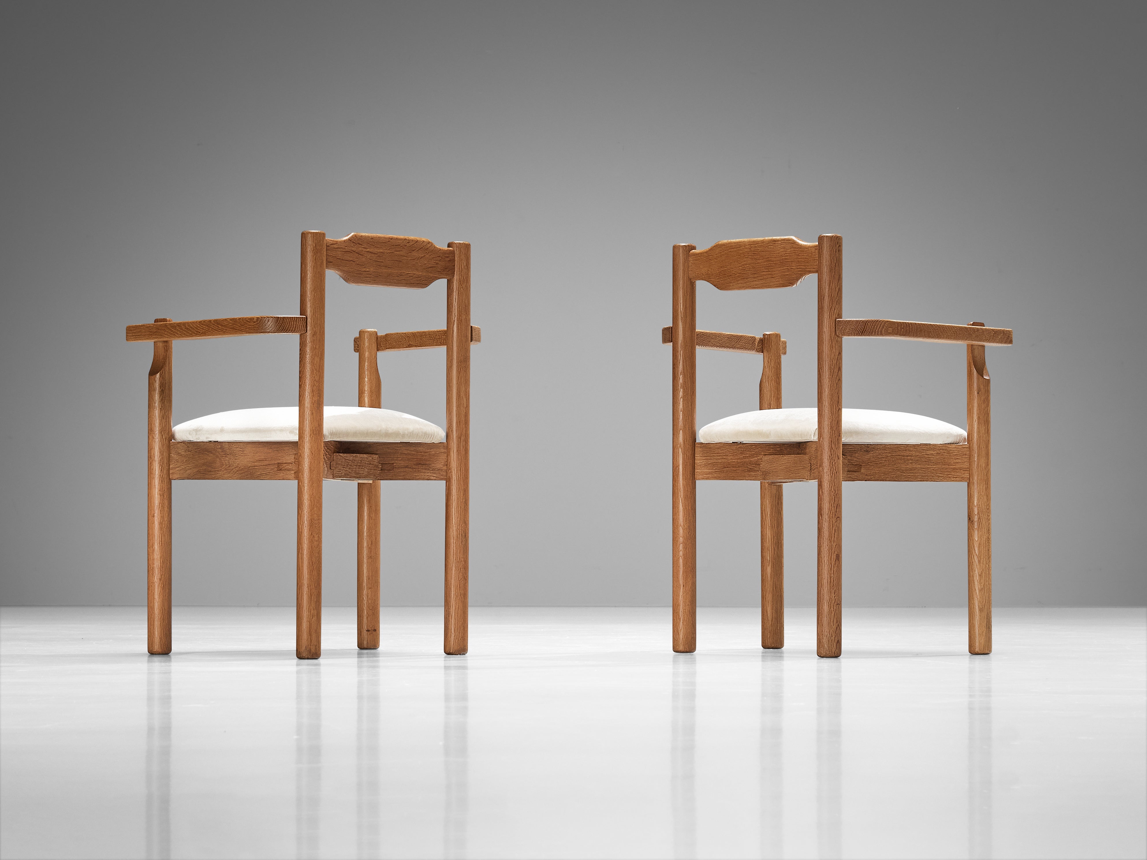 Rare Guillerme & Chambron Set of Eight Dining Chairs in Solid Oak and Mohair seating Morentz