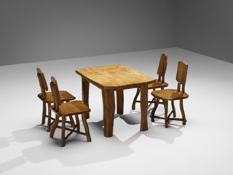 Organic Brutalist Set of Table and Four Chairs in Maple