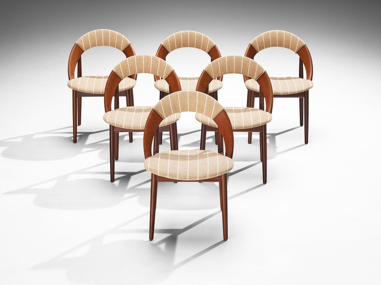 Arne Hovmand-Olsen Set of Six Dining Chairs in Teak & Striped Beige Fabric