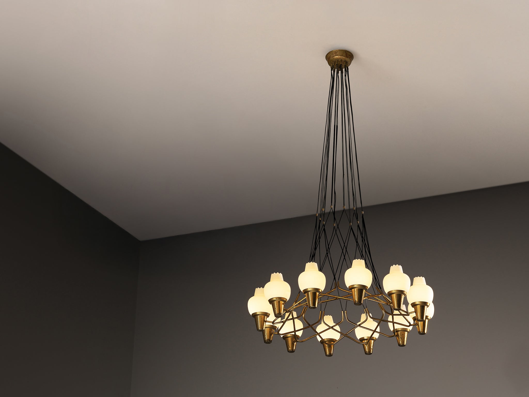 Hans Bergström for Ateljé Lyktan Chandeliers in Brass and Frosted White Glass Lighting Morentz