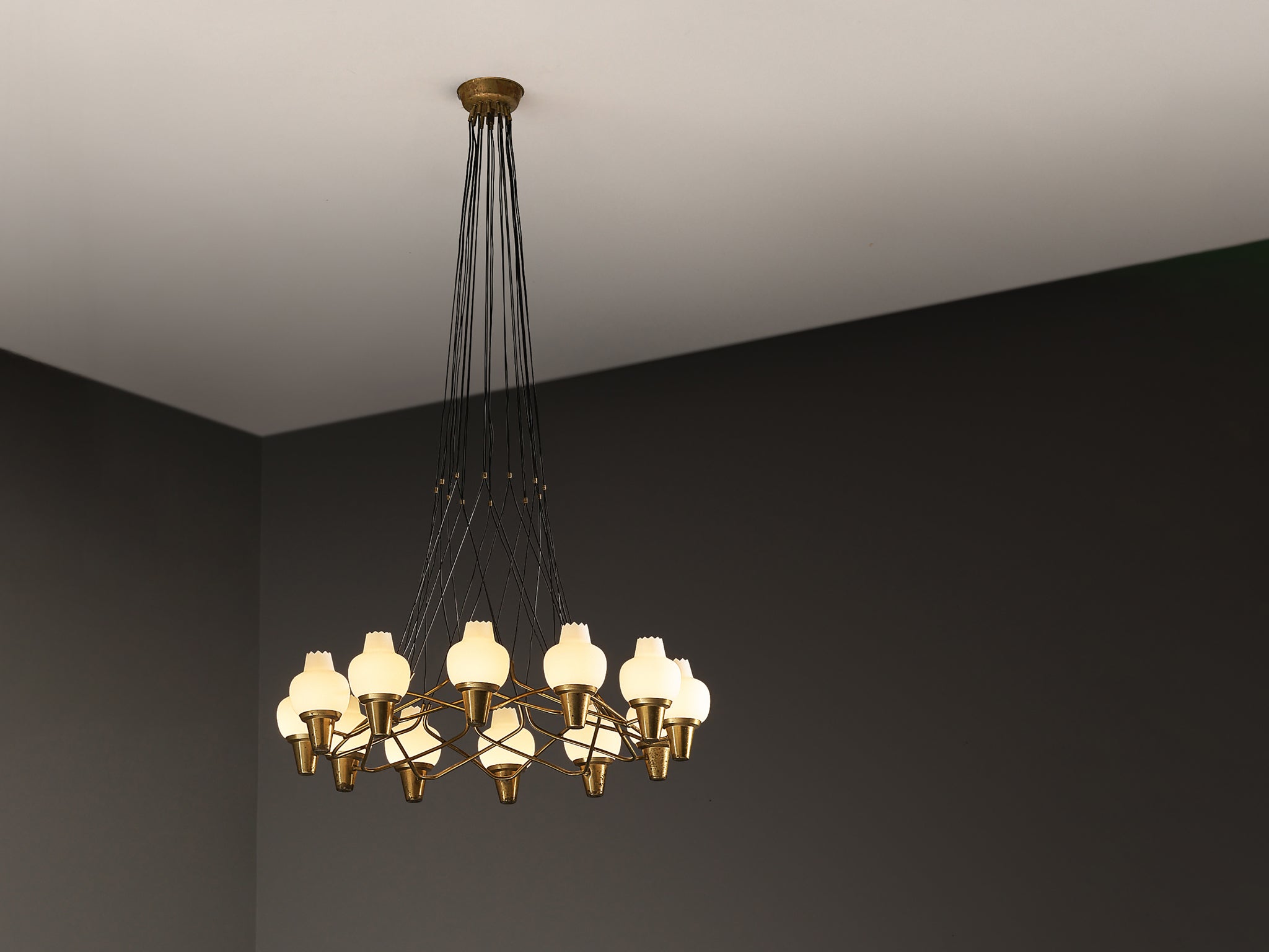 Hans Bergström for Ateljé Lyktan Chandeliers in Brass and Frosted White Glass Lighting Morentz