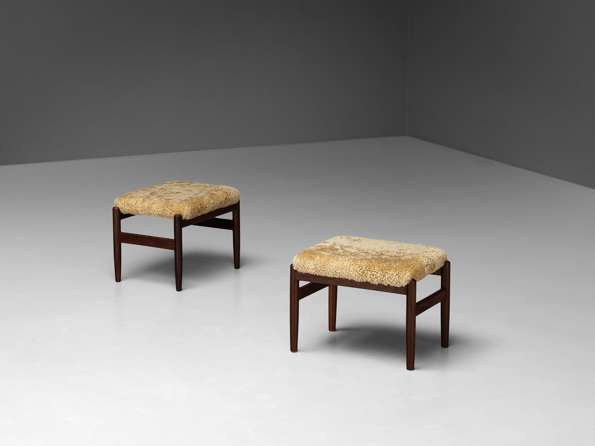 Scandinavian Stools in Teak and Shearling Upholstery seating Morentz