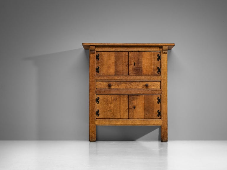 French Brutalist Cabinet in Oak with Iron Decorative Elements