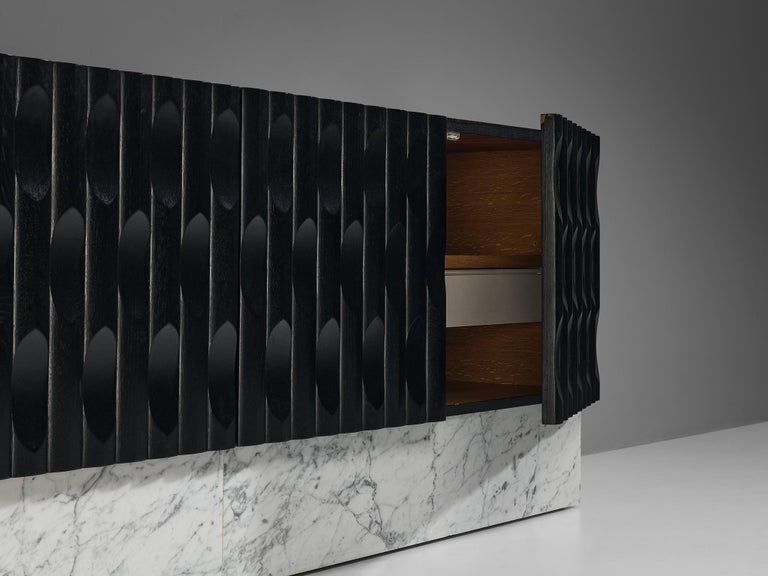Brutalist Sideboard in Marble and Black Lacquered Oak