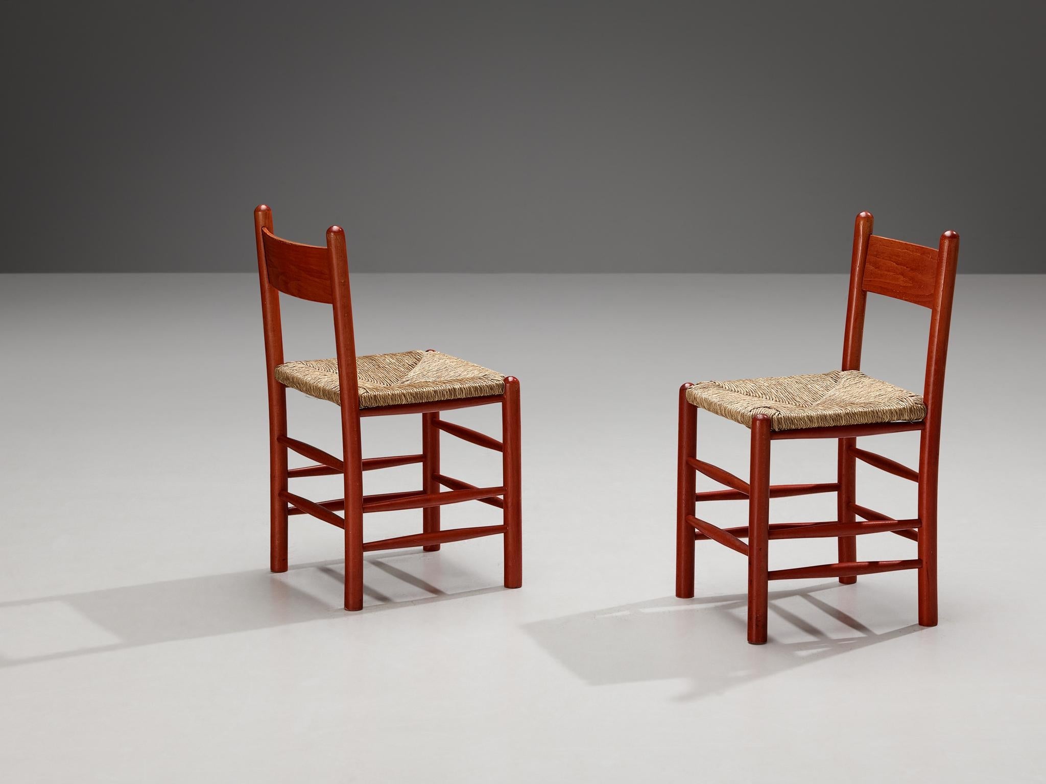 Pair of French Dining Chairs with Red Wooden Frame and Straw Seats