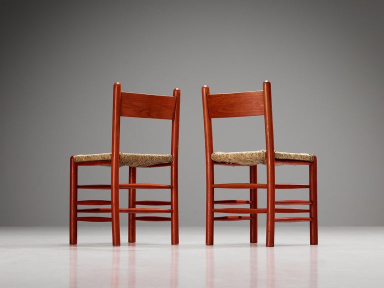 Set of Six French Dining Chairs with Red Wooden Frame and Straw Seats