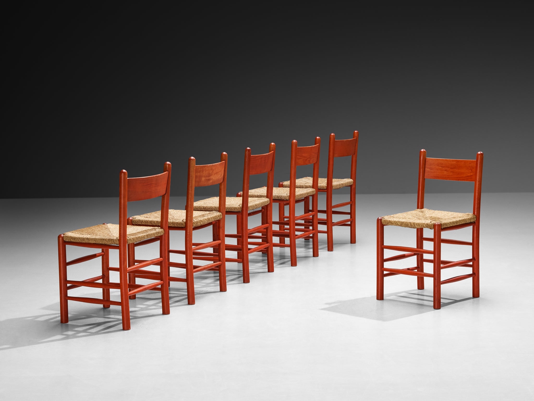 Set of Twelve French Dining Chairs with Red Wooden Frame and Straw Seats Seating Morentz