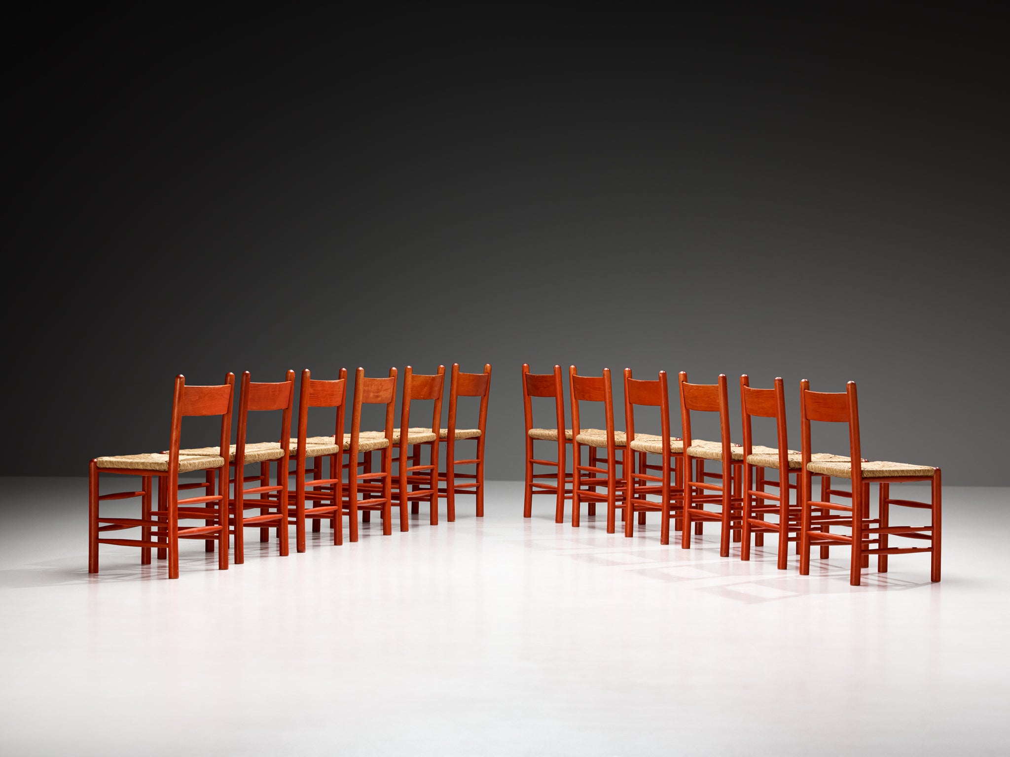 Set of Twelve French Dining Chairs with Red Wooden Frame and Straw Seats Seating Morentz