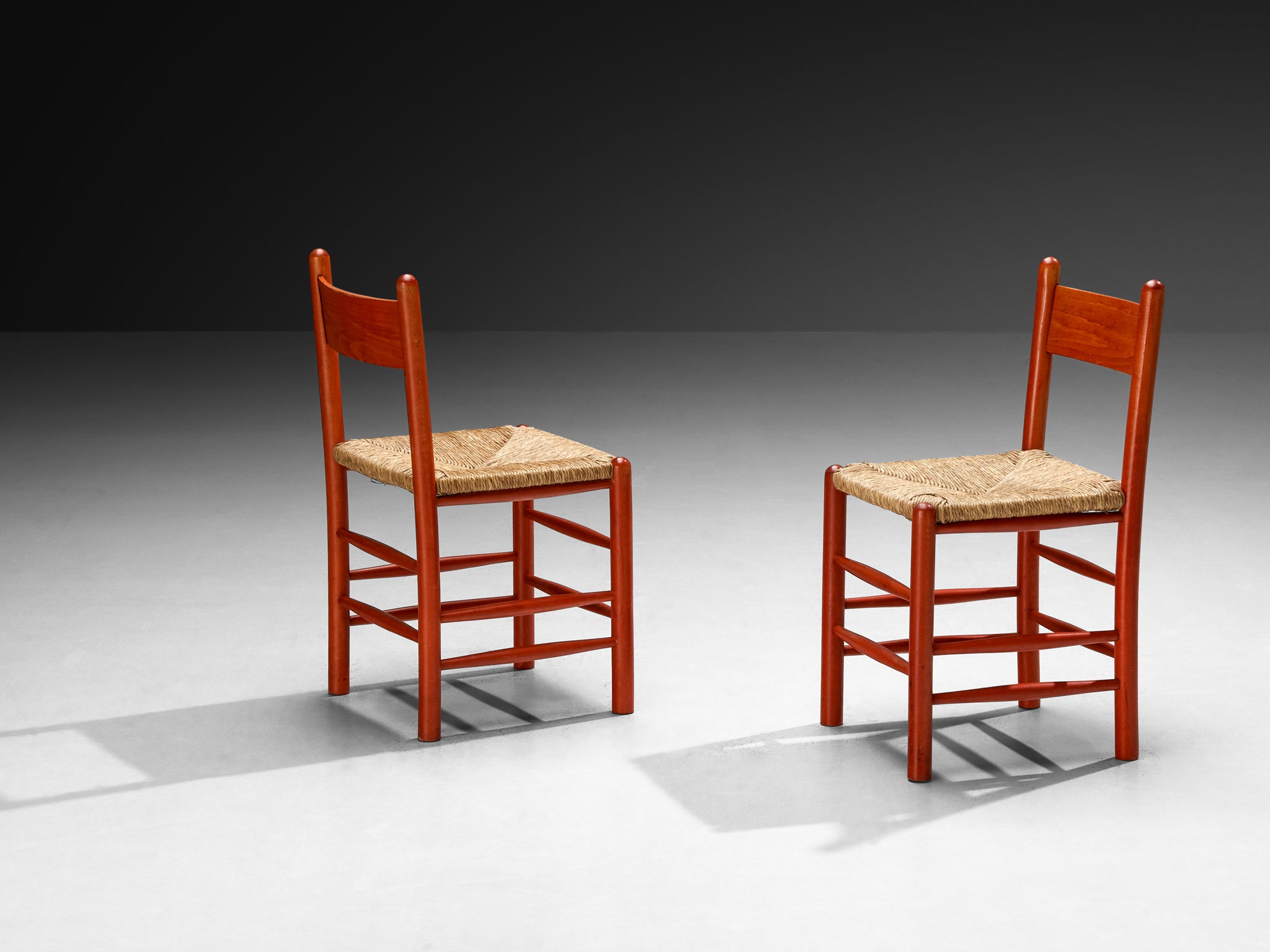 Set of Twelve French Dining Chairs with Red Wooden Frame and Straw Seats Seating Morentz