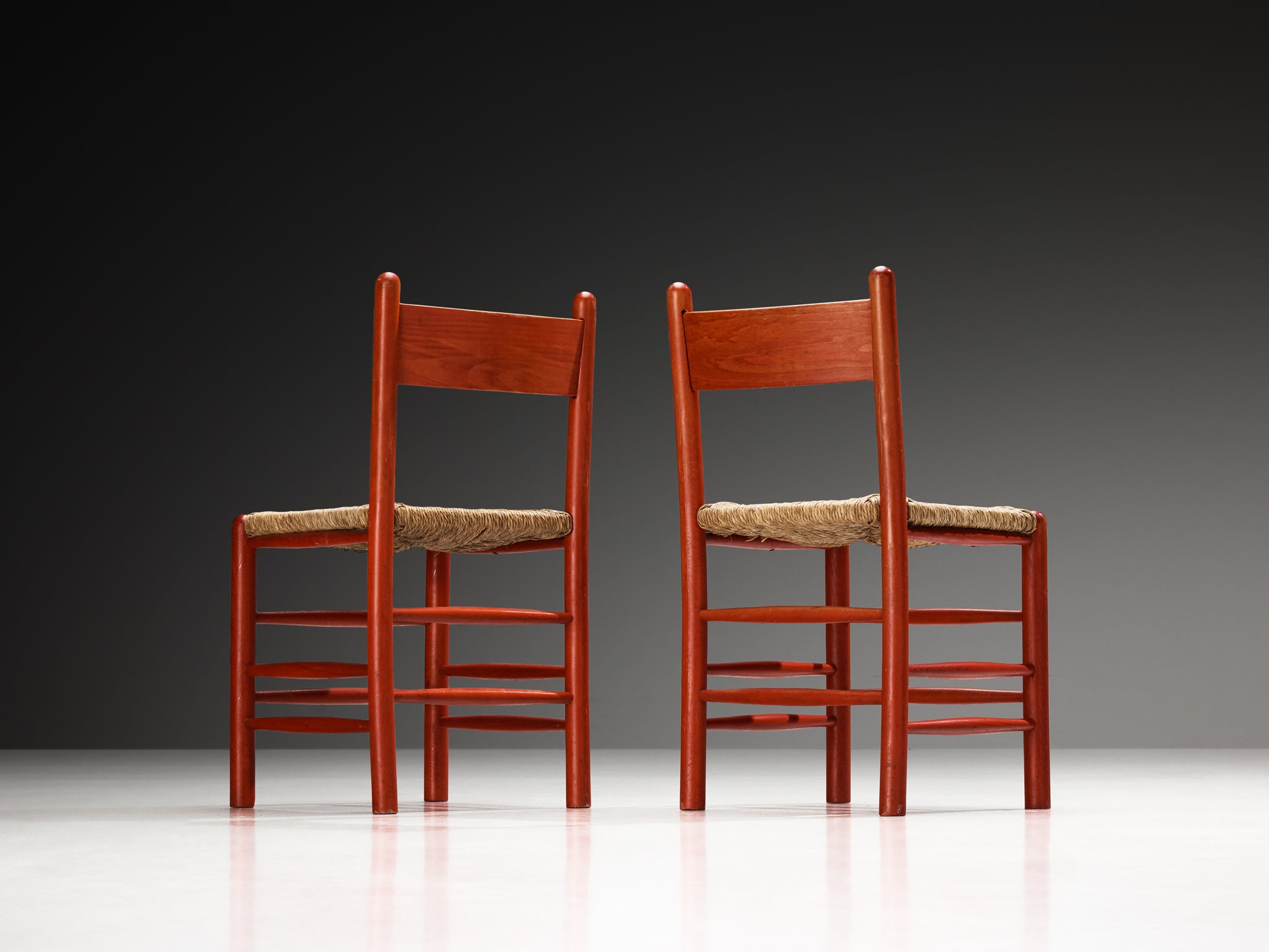 Set of Twelve French Dining Chairs with Red Wooden Frame and Straw Seats Seating Morentz