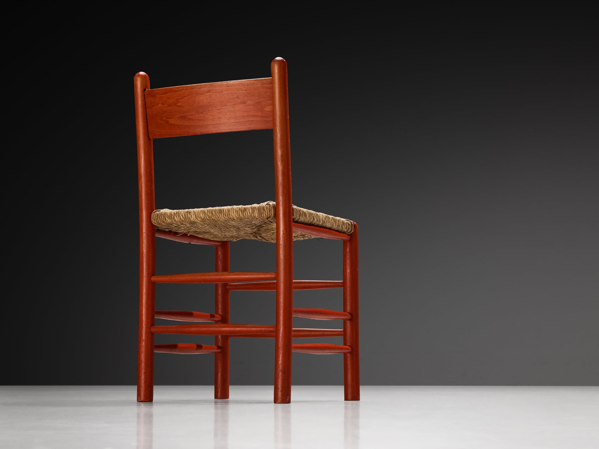 Set of Twelve French Dining Chairs with Red Wooden Frame and Straw Seats Seating Morentz