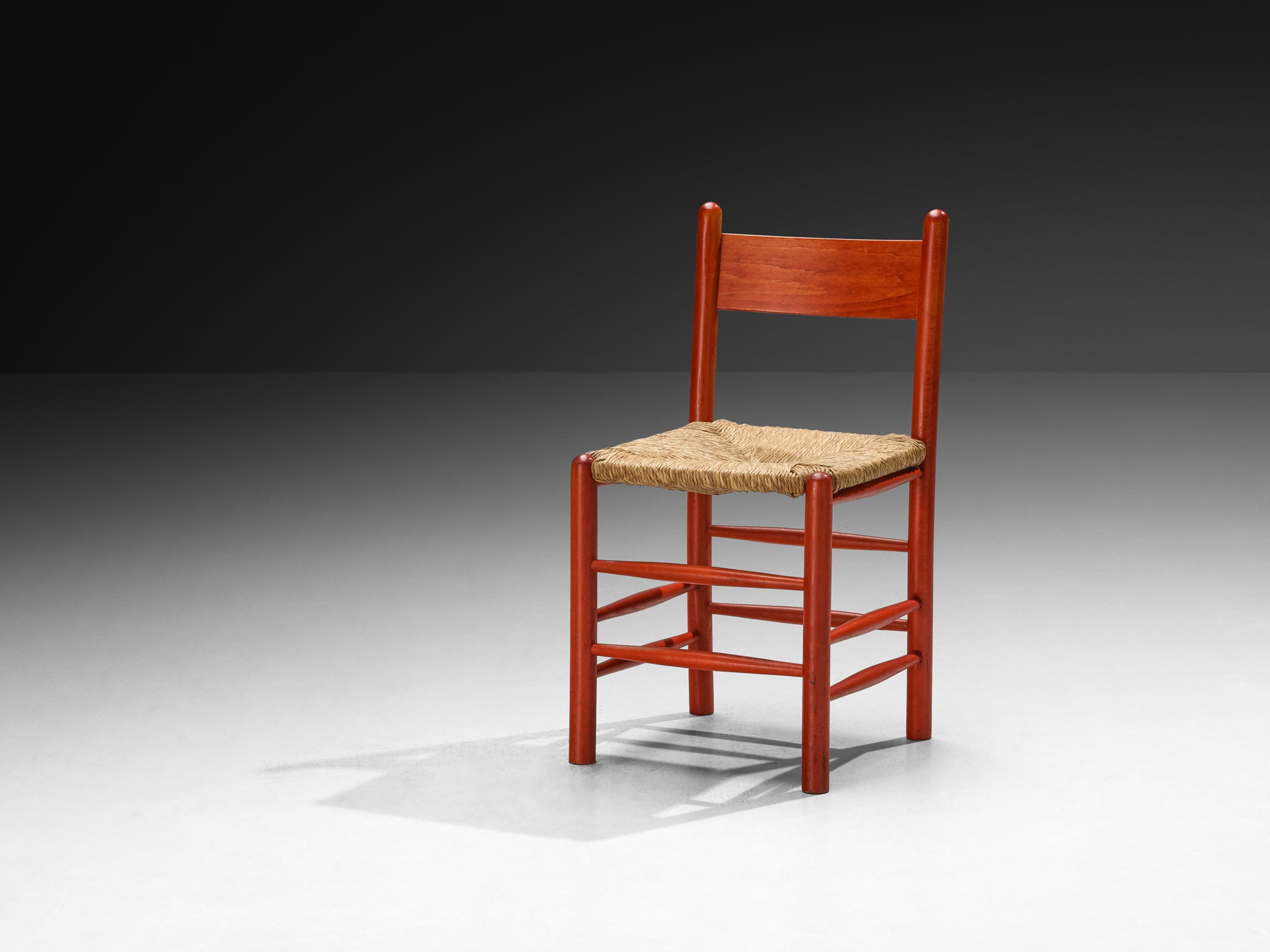 Set of Twelve French Dining Chairs with Red Wooden Frame and Straw Seats Seating Morentz