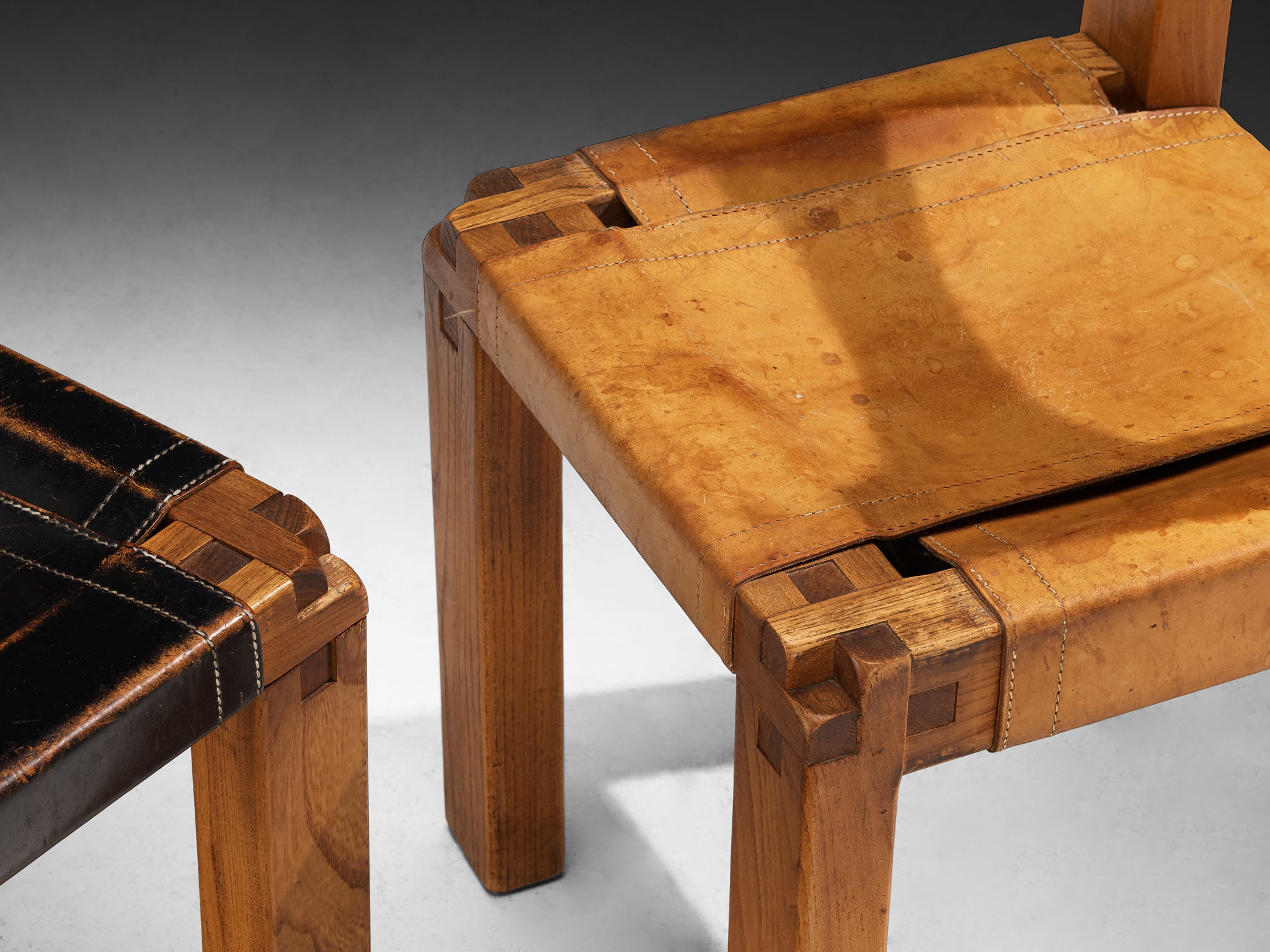 Early Pierre Chapo Set of Six 'S11' Dining Chairs in Elm and Cognac Le