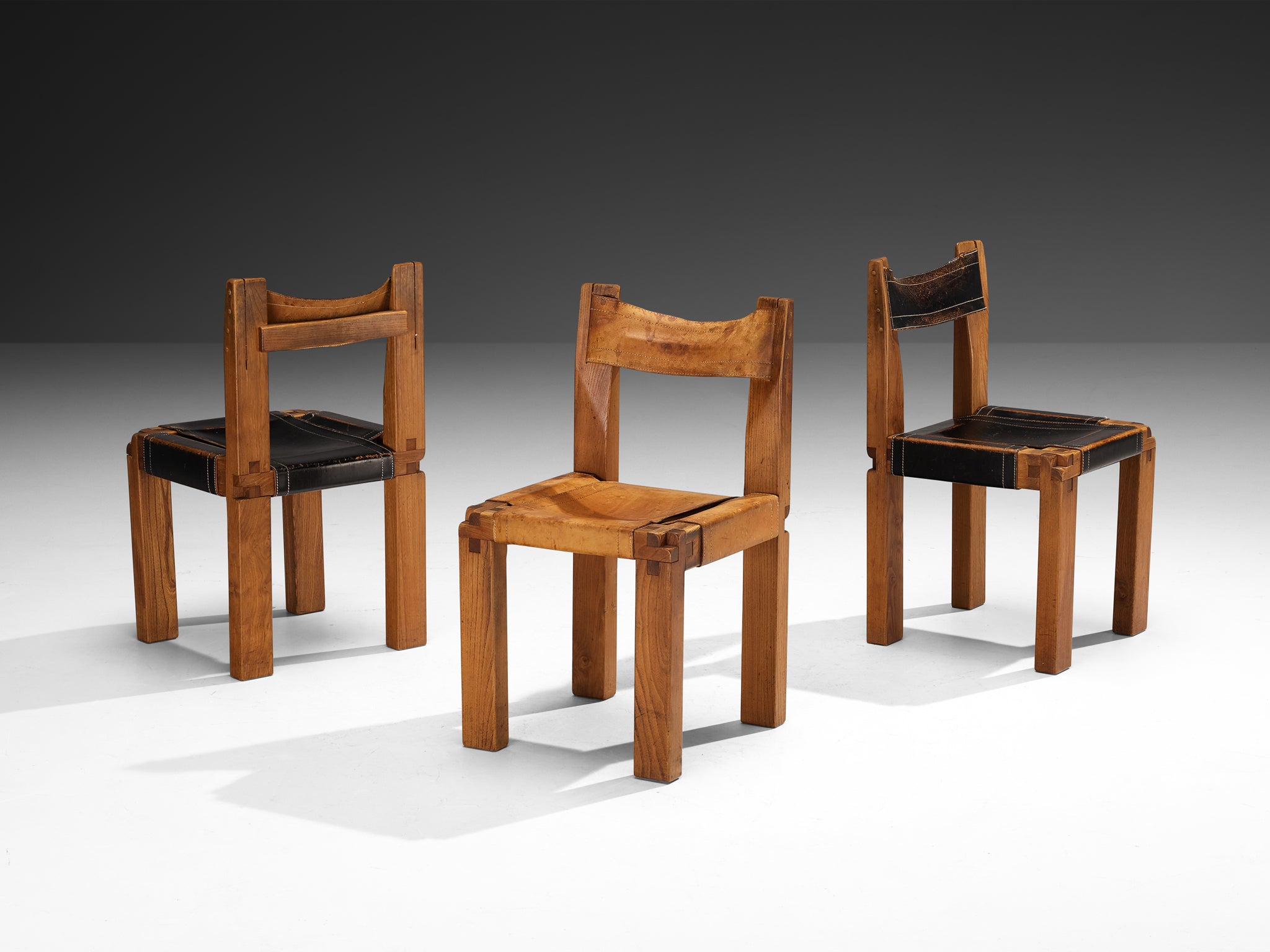 Early Pierre Chapo Set of Six 'S11' Dining Chairs in Elm and Cognac Leather Seating Morentz