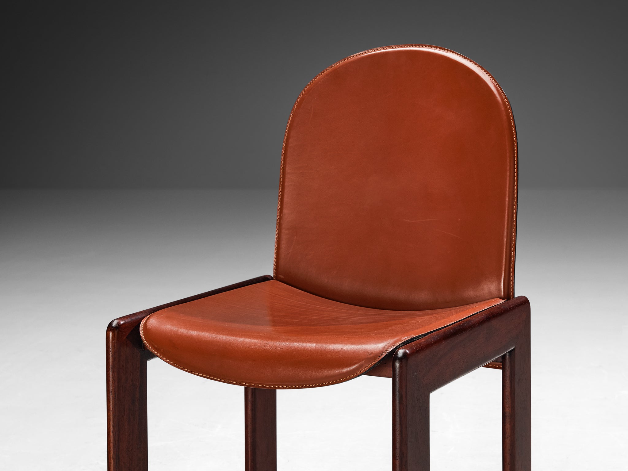 Italian Dining Chairs in Red Saddle Leather and Stained Wood Seating Morentz
