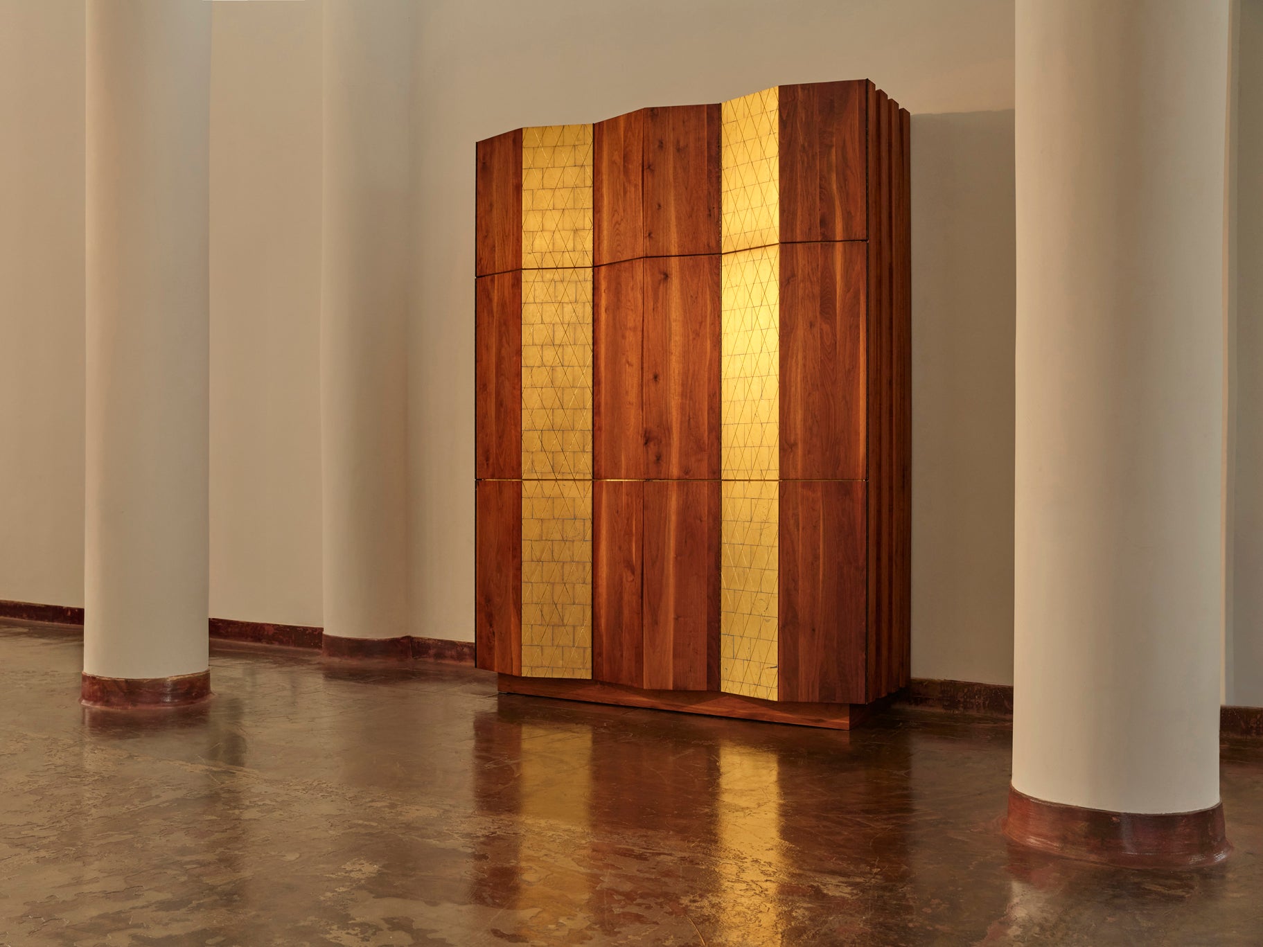 Phillip Lloyd Powell Large Cabinet in Walnut and Gold Leaf Case pieces and storage cabinets Morentz