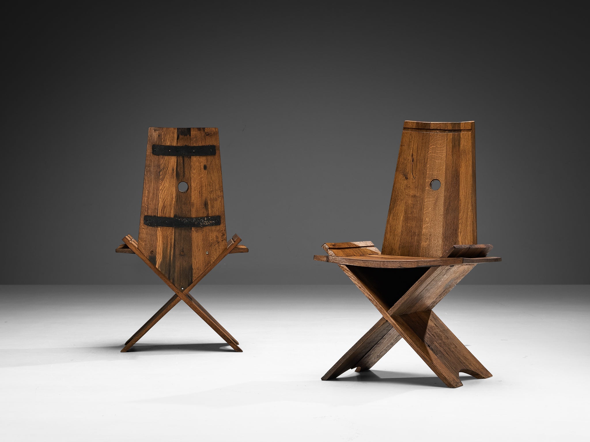 Sculptural Pair of Dining Chairs in Oak with Iron Accents seating Morentz