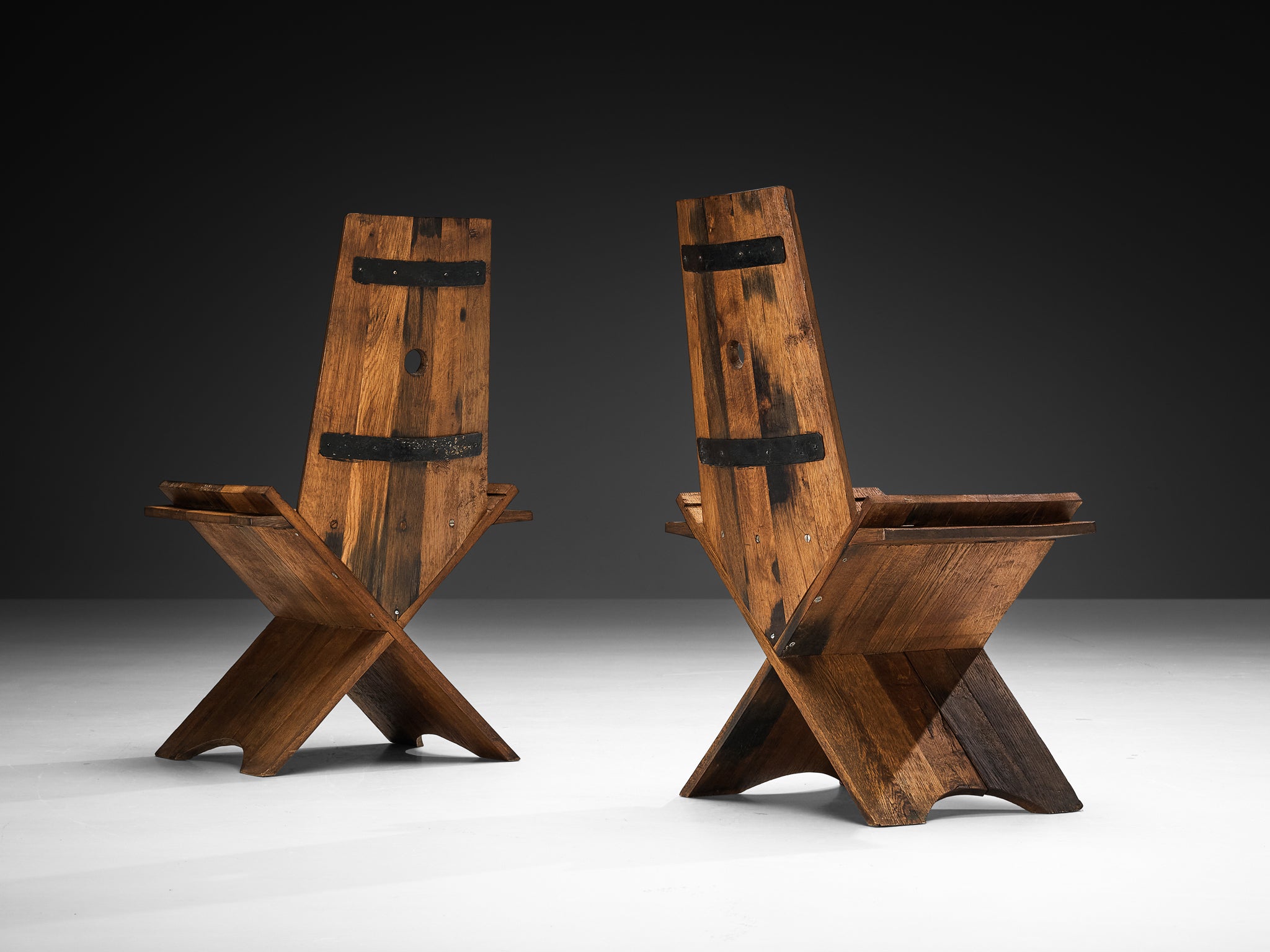 Sculptural Set of Four Dining Chairs in Oak with Iron Accents Seating Morentz