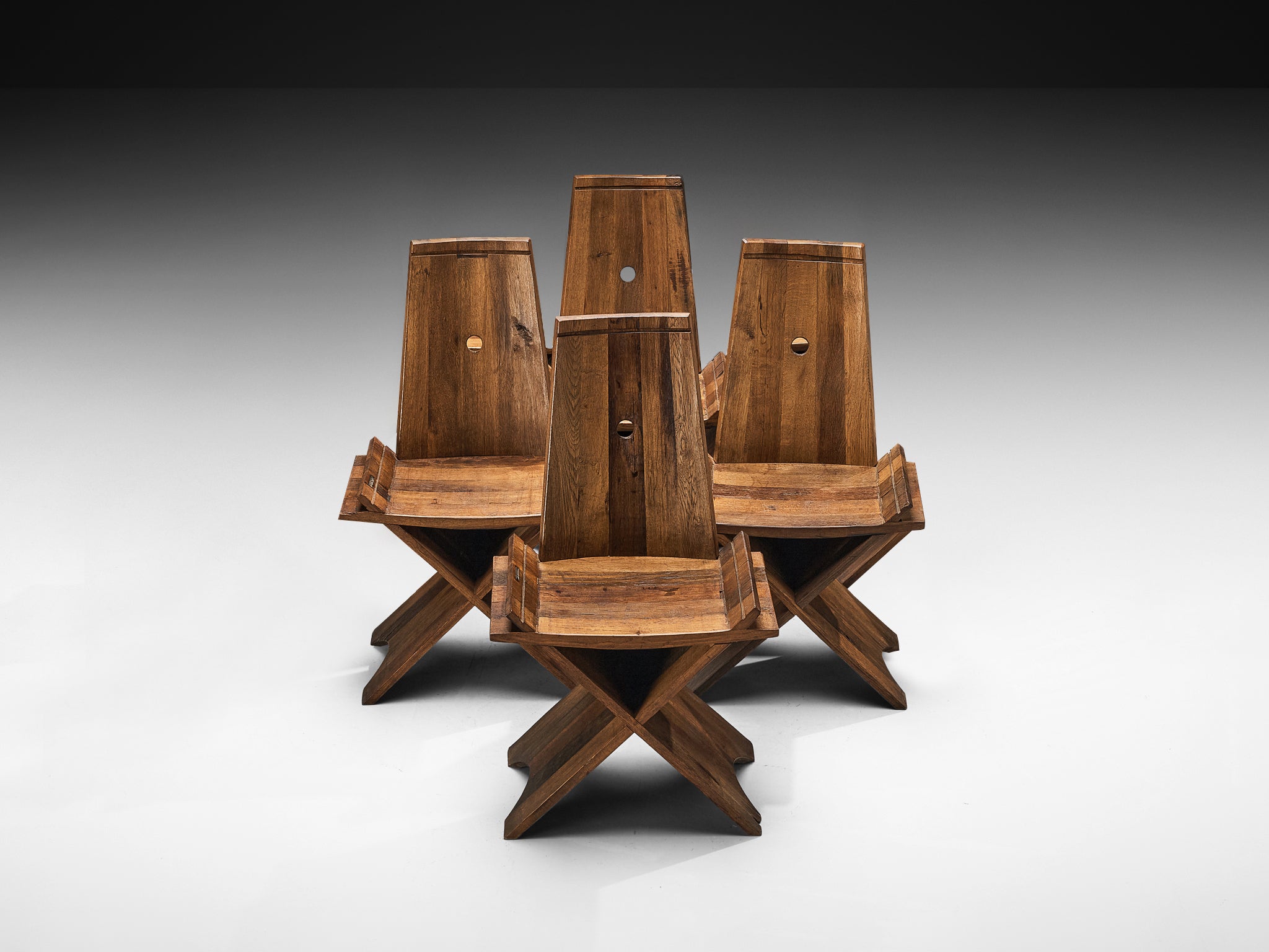 Sculptural Set of Four Dining Chairs in Oak with Iron Accents Seating Morentz