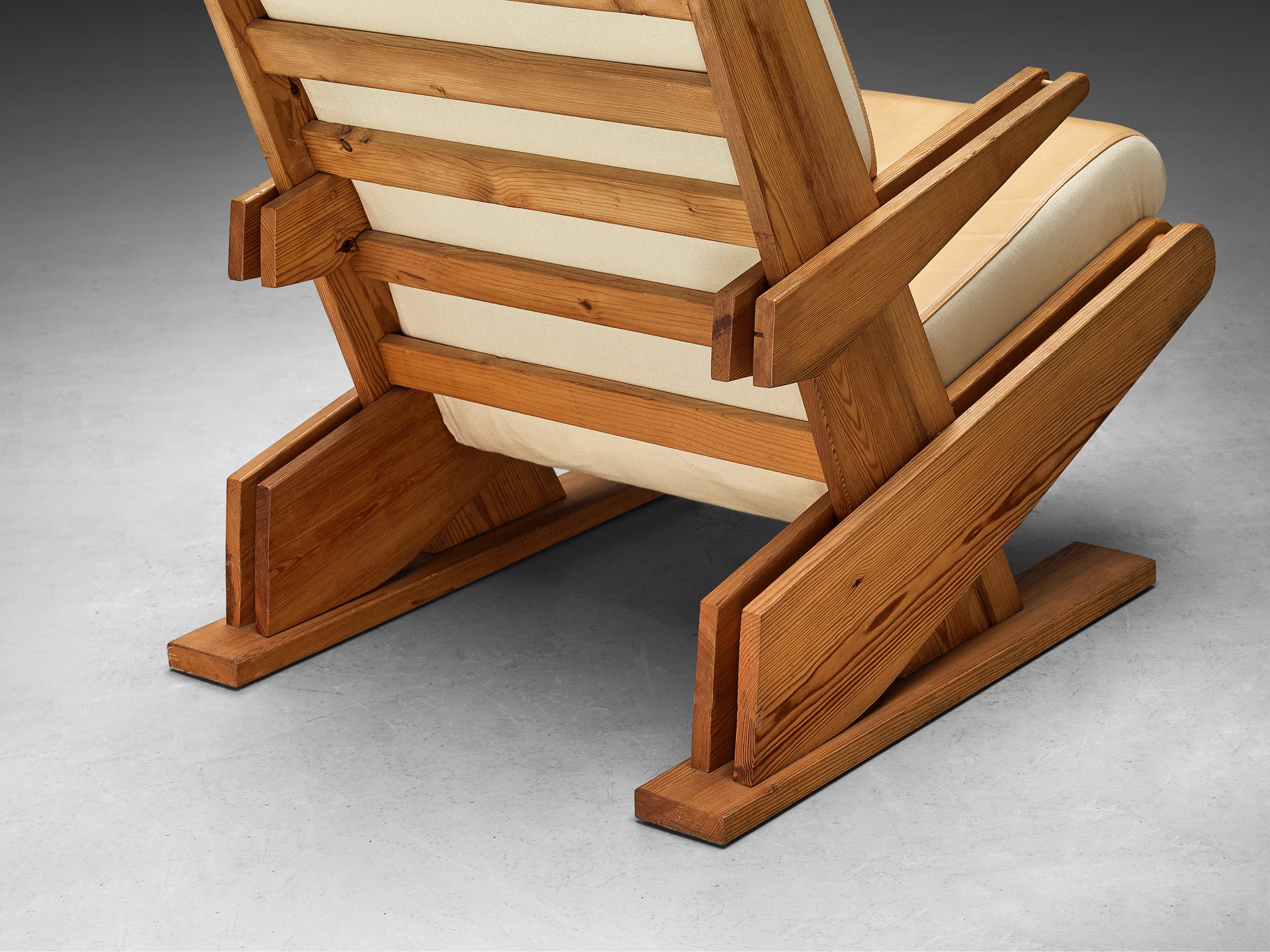 Brutalist Lounge Chair in Beige Camel Upholstery and Pine Seating Morentz