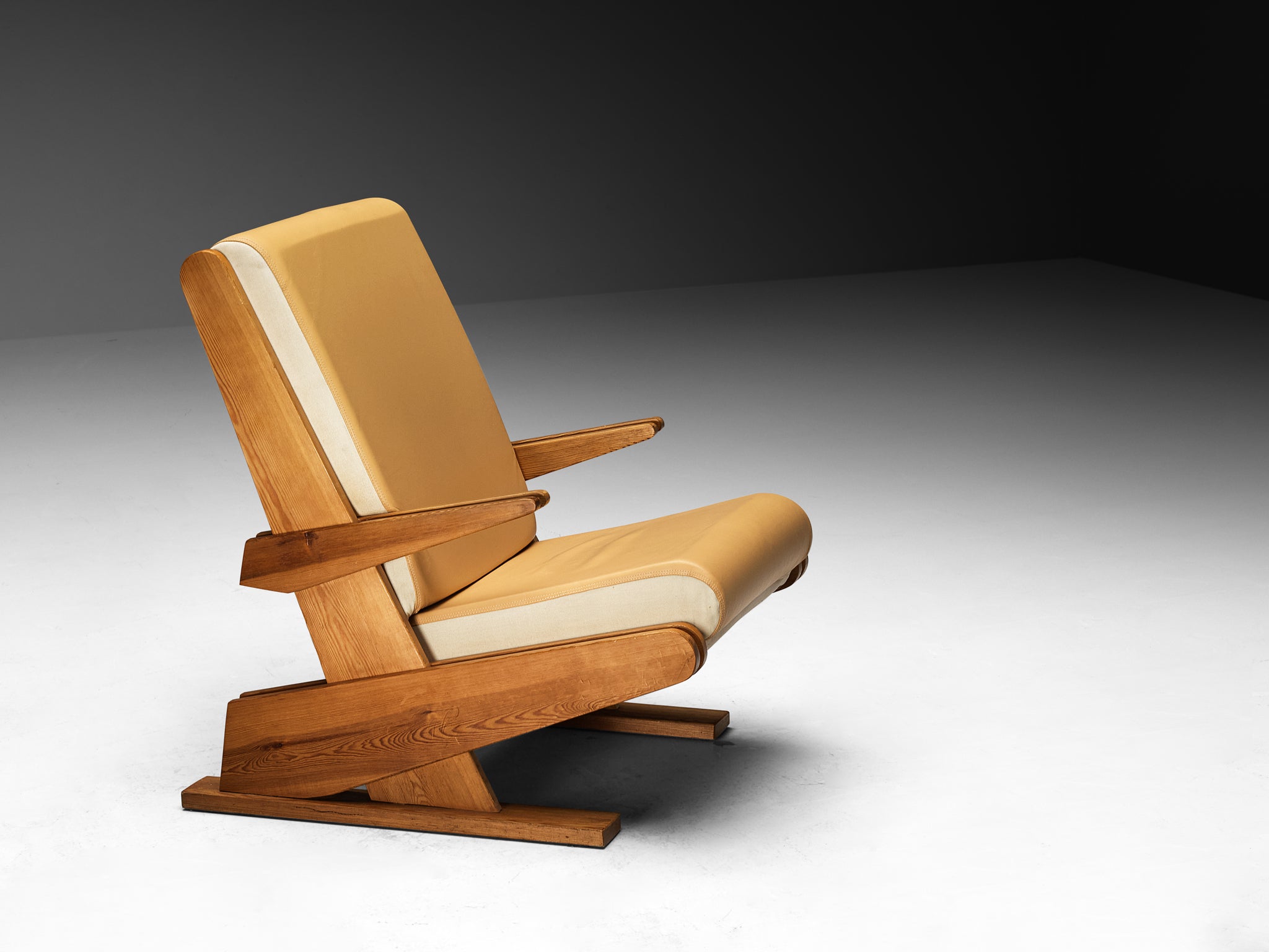 Brutalist Lounge Chair in Beige Camel Upholstery and Pine Seating Morentz