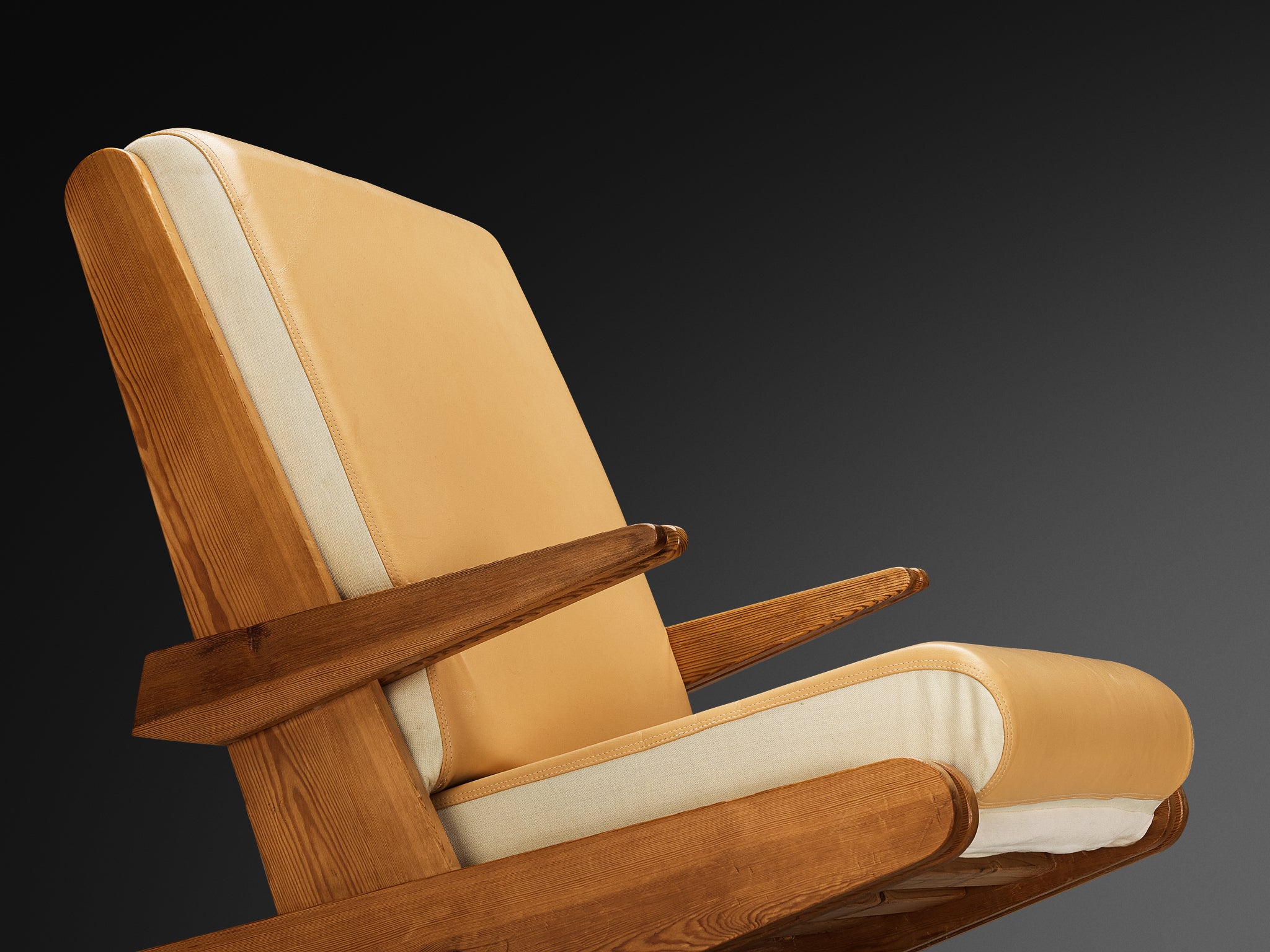 Brutalist Lounge Chair in Beige Camel Upholstery and Pine Seating Morentz