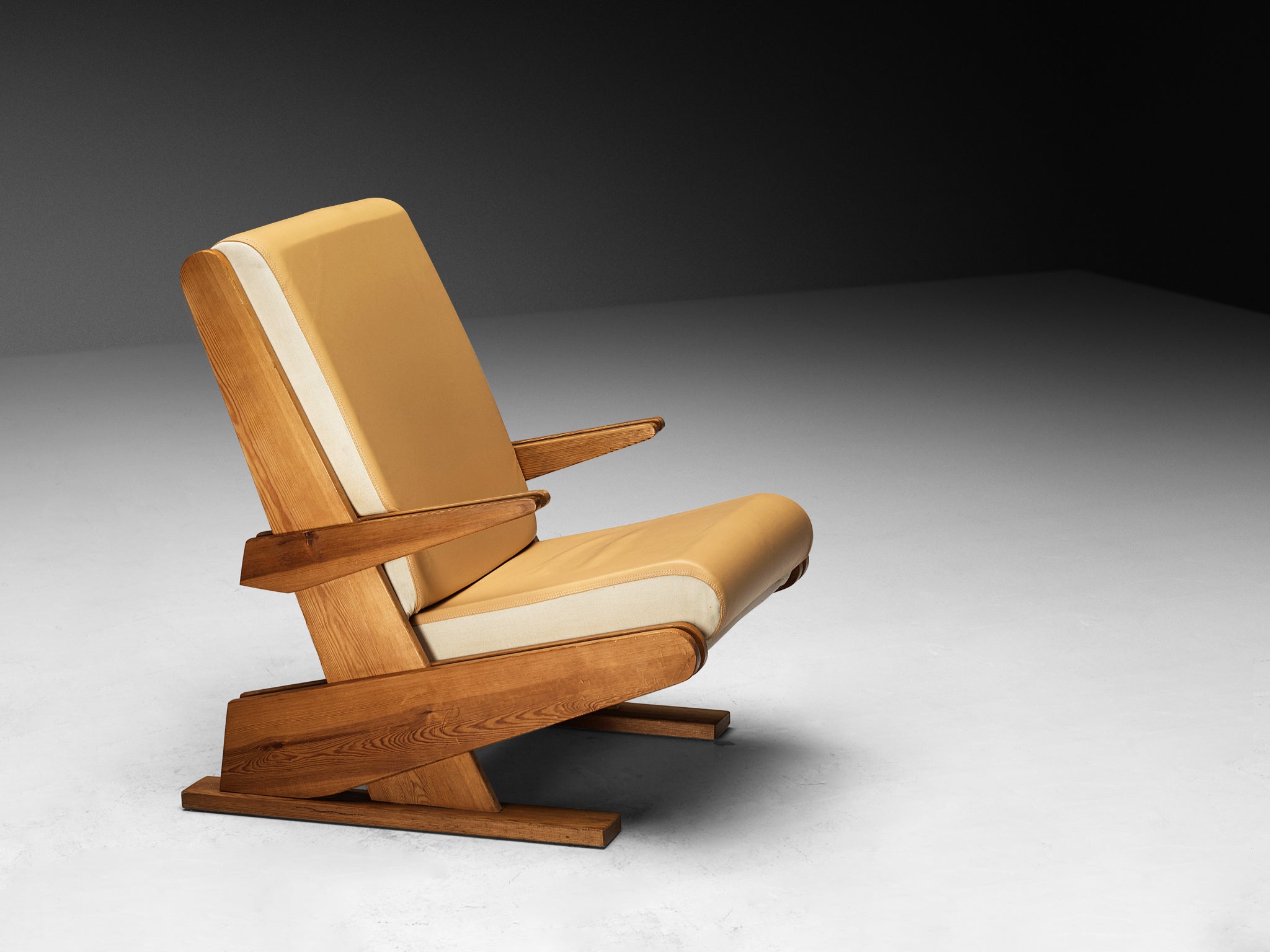 Brutalist Lounge Chair in Beige Camel Upholstery and Pine Seating Morentz