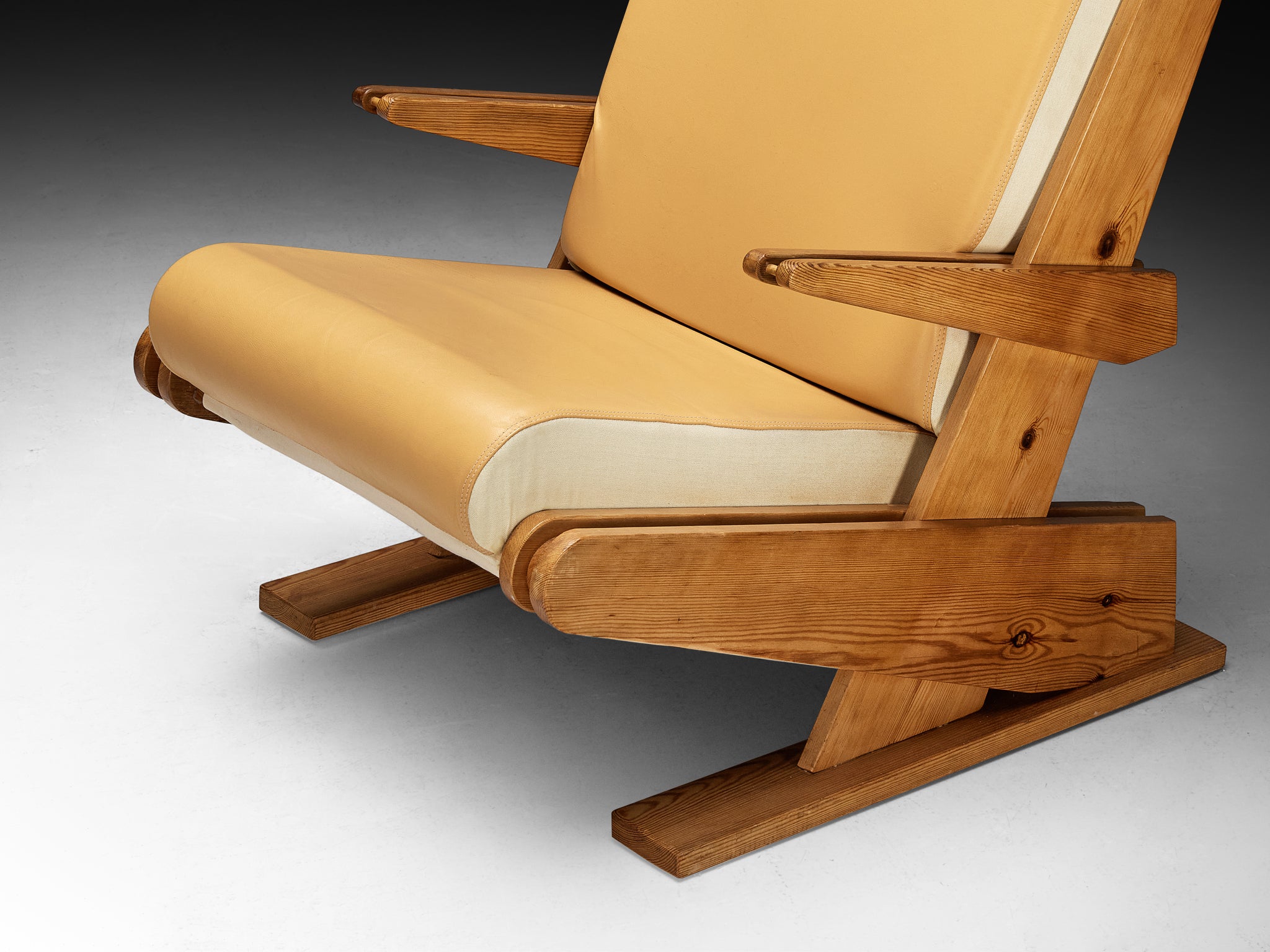Brutalist Lounge Chair in Beige Camel Upholstery and Pine Seating Morentz