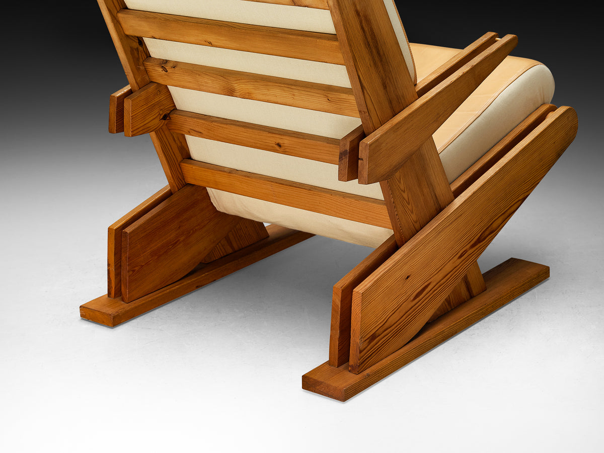 Brutalist Lounge Chair in Beige Camel Upholstery and Pine Seating Morentz