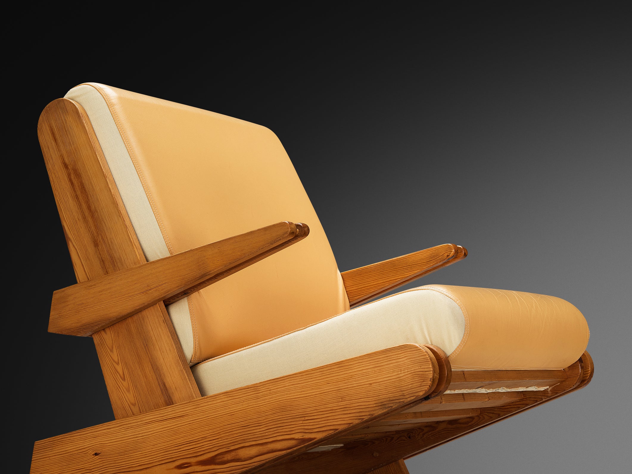Brutalist Lounge Chair in Beige Camel Upholstery and Pine Seating Morentz